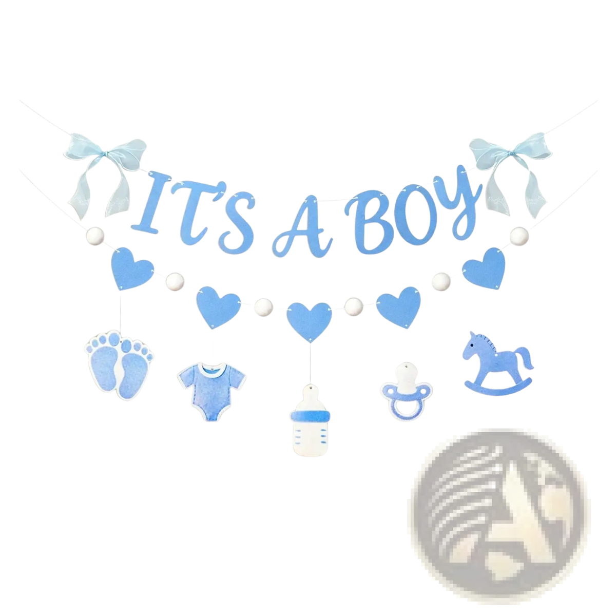 Baby gender reveal bunting banner in blue with its a boy text and baby-themed cutouts for party decoration
