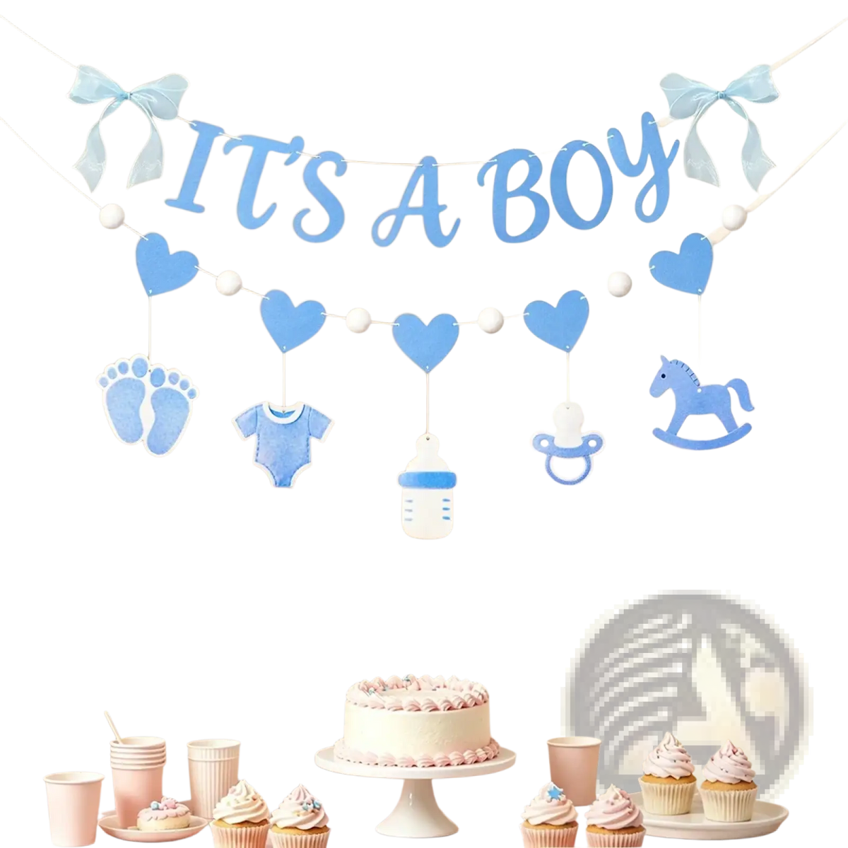 Blue baby gender reveal bunting banner with heart footprints onesie bottle pacifier and rocking horse decorations above cake