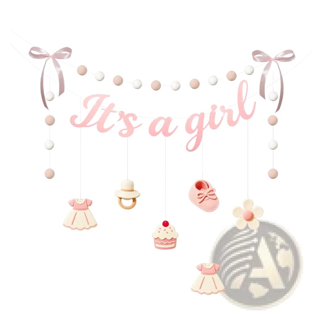 Pastel pink and white baby gender reveal bunting banner with its a girl text and dangling dress shoe cupcake decor