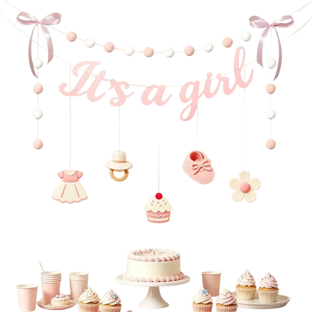 Pink its a girl gender reveal bunting banner with pastel pom-poms and baby-themed decorations for party use