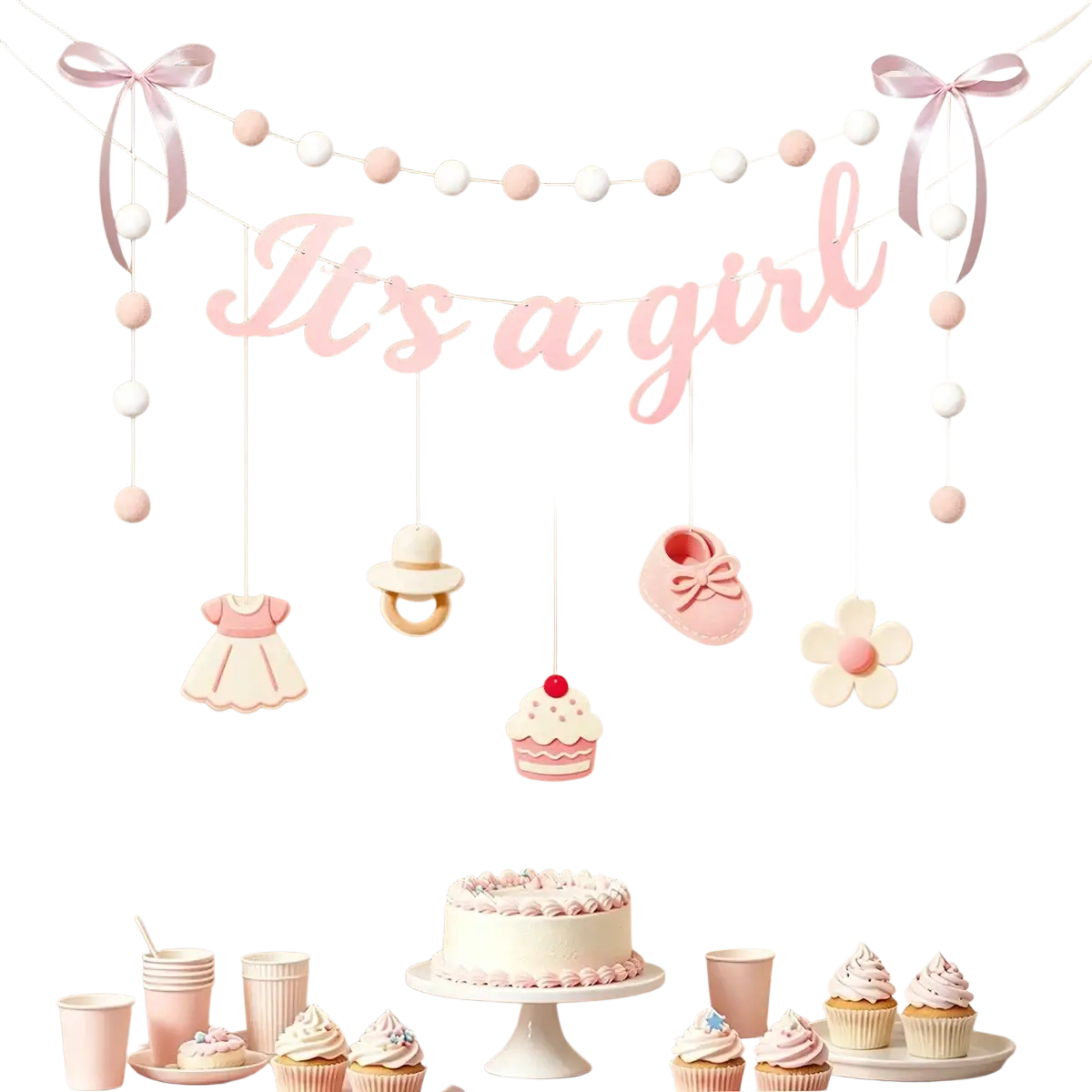 Pink baby gender reveal bunting banner with it is a girl text pastel pom-poms and hanging baby-themed decorations