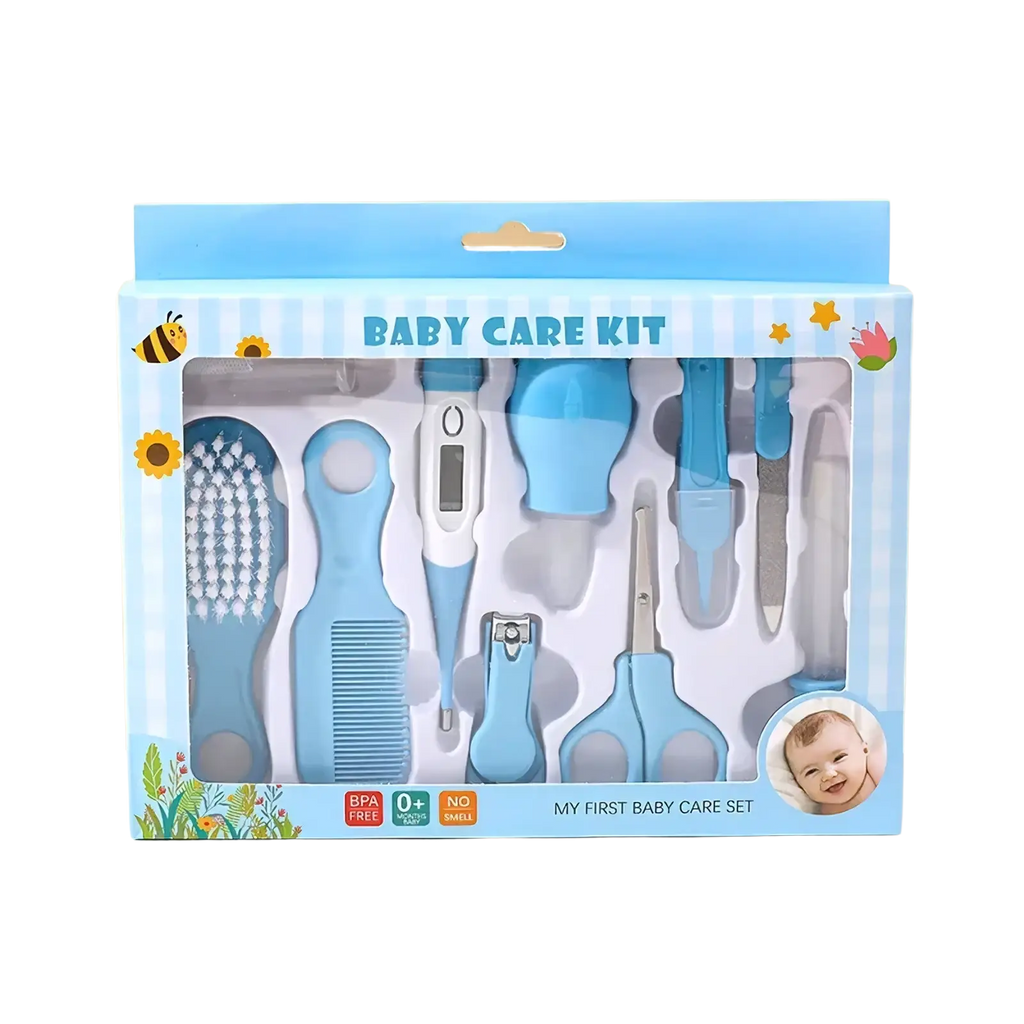 Baby grooming kit 10-in-1 newborn healthcare set with assorted blue grooming tools in a clear plastic box
