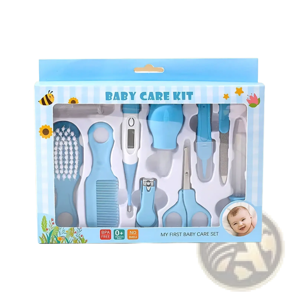 Baby grooming kit 10-in-1 newborn healthcare set with assorted blue grooming tools in a clear plastic box
