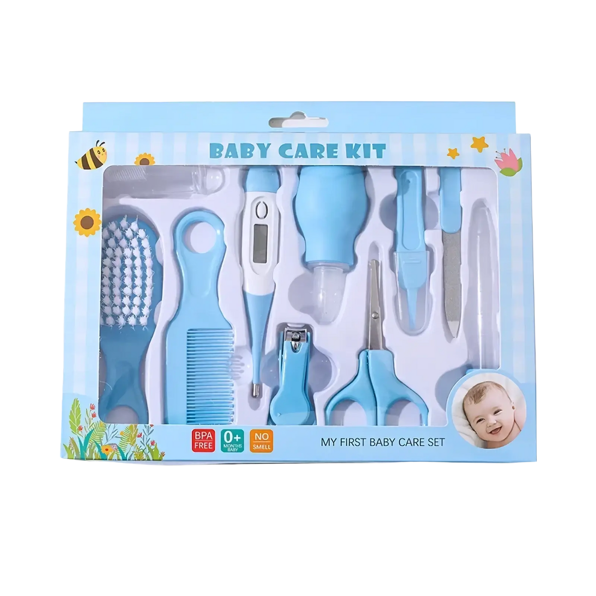 Light blue plastic baby grooming kit 10-in-1 newborn healthcare set with brush comb thermometer nail clipper and scissors