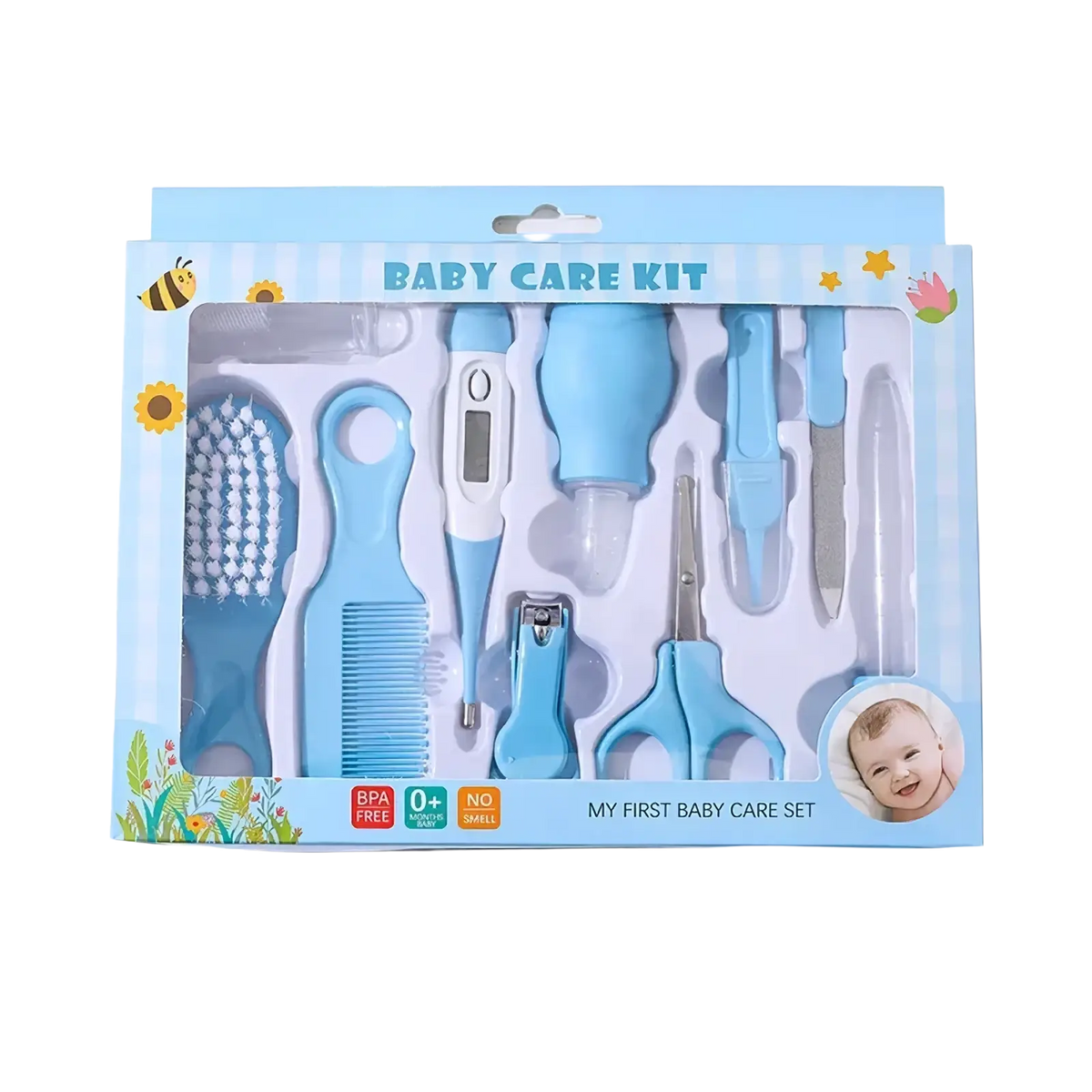 Light blue plastic baby grooming kit 10-in-1 with brush comb thermometer nail clipper and scissors for newborn care
