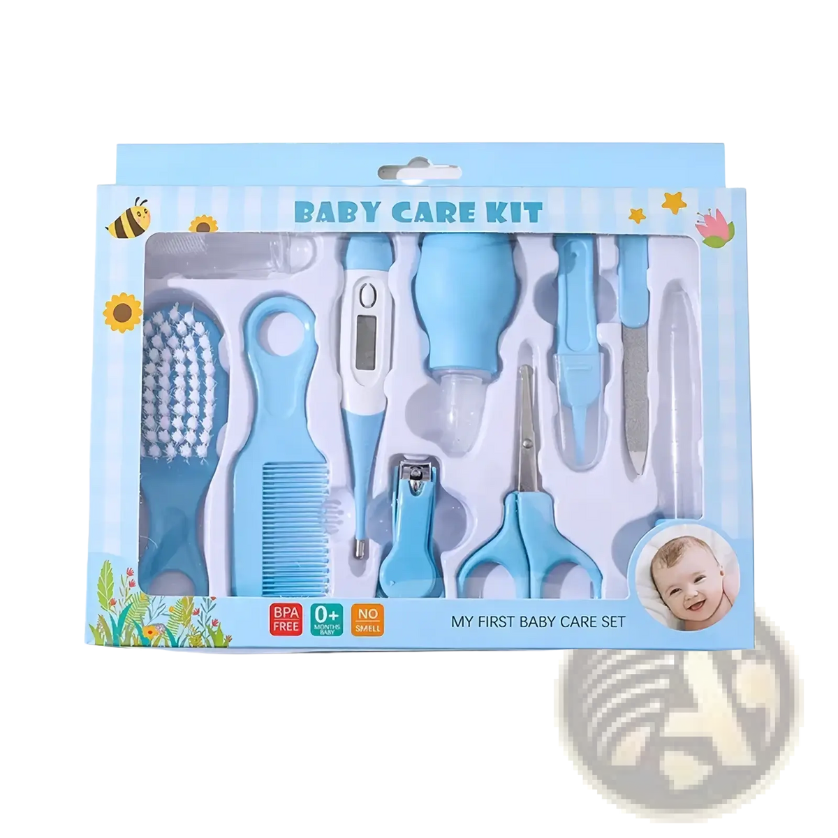 Light blue plastic baby grooming kit 10-in-1 with brush comb thermometer nail clipper and scissors for newborn care