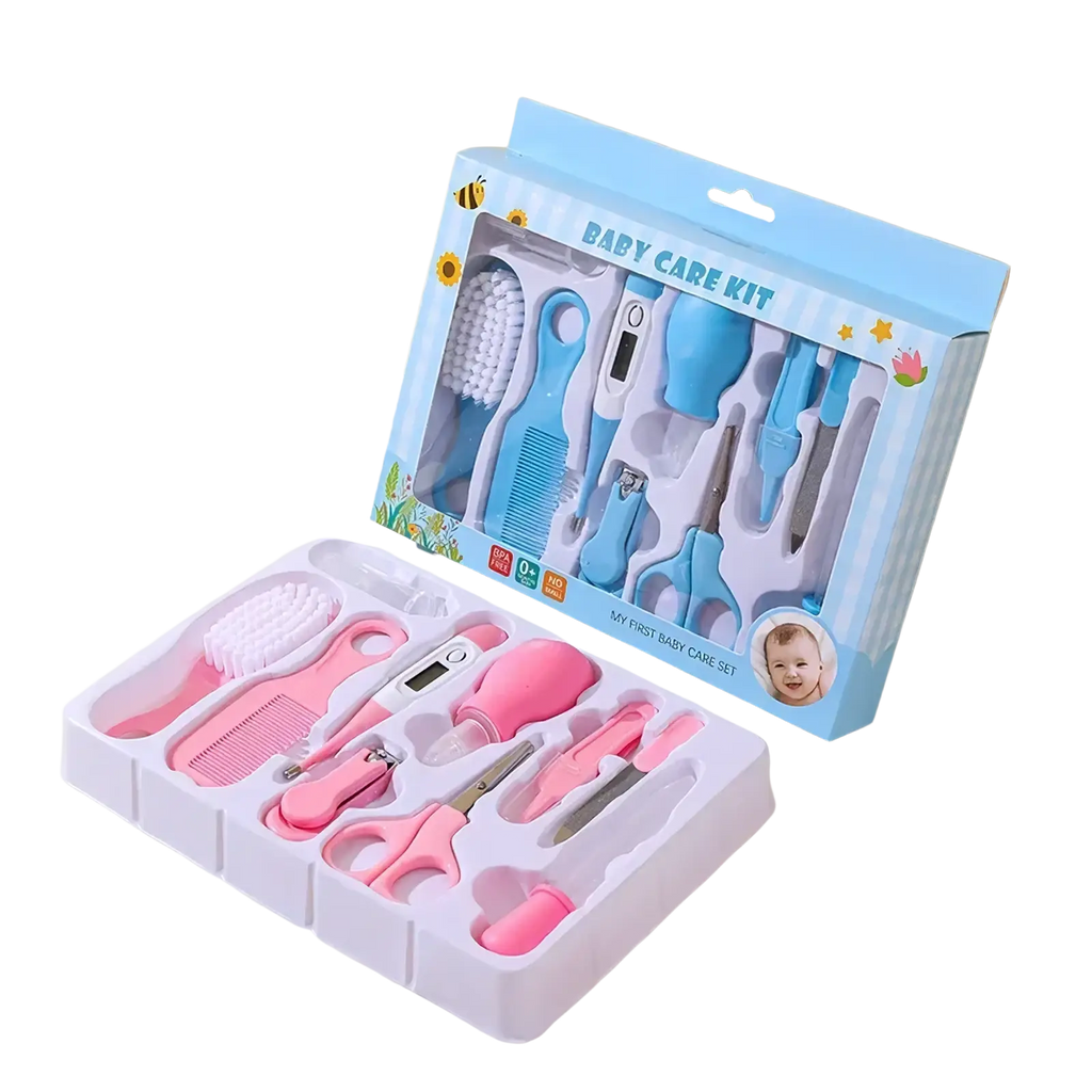 Pink and blue baby grooming kit 10-in-1 with soft silicone tools for newborn healthcare and grooming