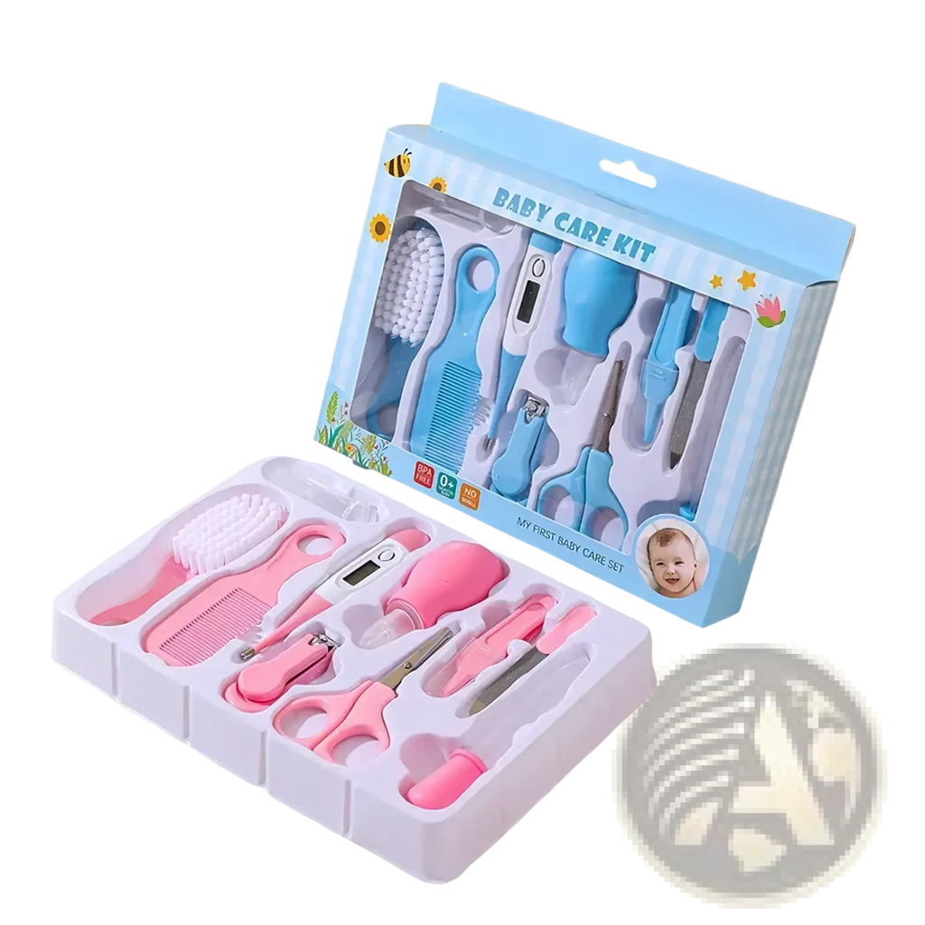 Pink and blue baby grooming kit 10-in-1 with soft silicone tools for newborn healthcare and grooming