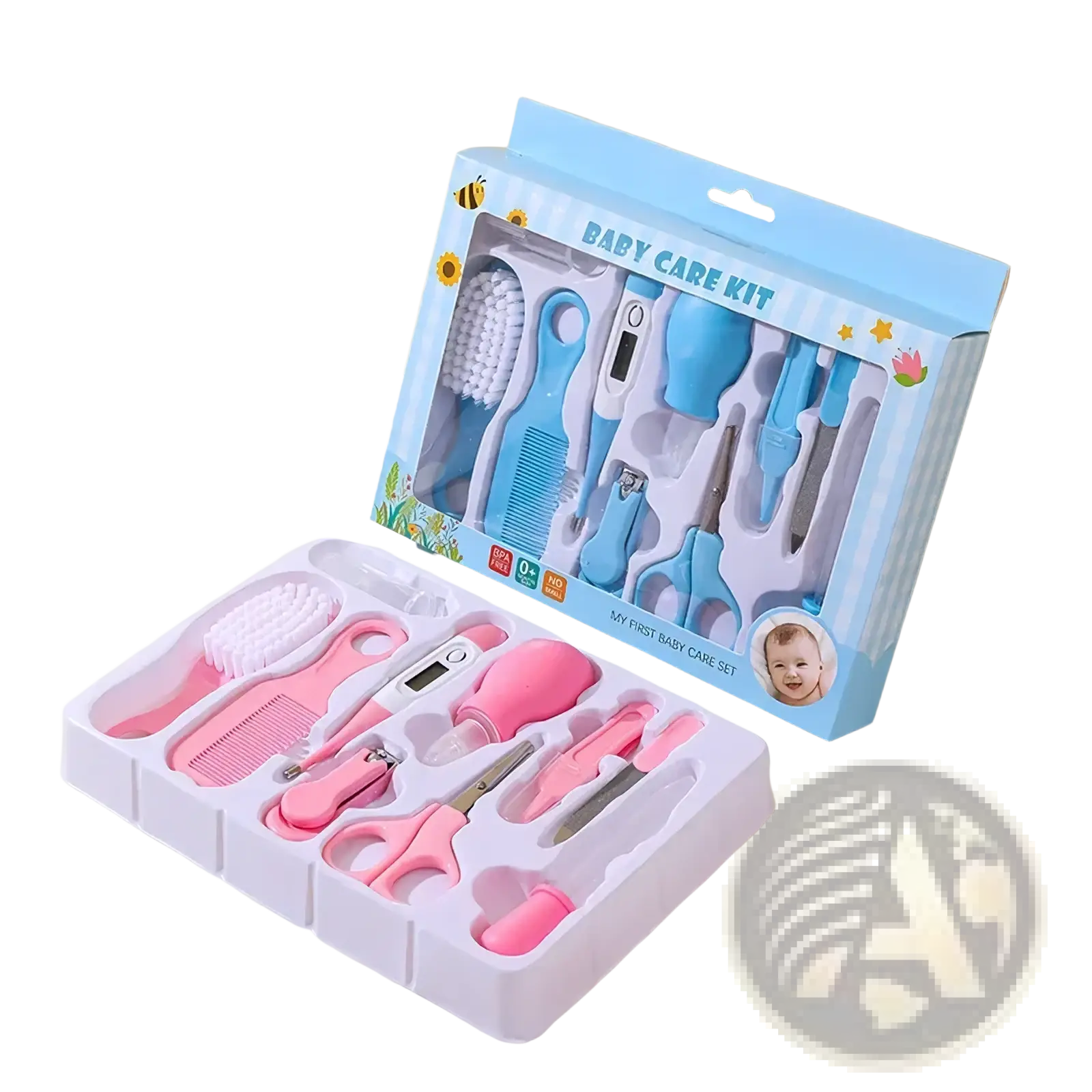 Pink and blue baby grooming kit 10-in-1 with soft silicone tools for newborn healthcare and grooming