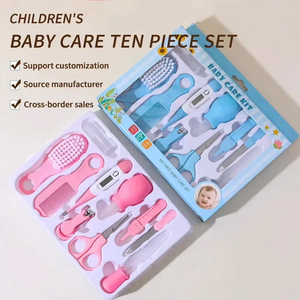 Baby grooming kit 10-in-1 newborn healthcare set in pink and blue with floral clear plastic packaging