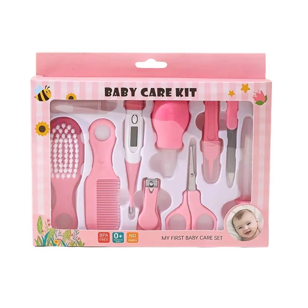 Pink baby grooming kit 10-in-1 with soft silicone and metal tools in pastel pink box for newborn healthcare