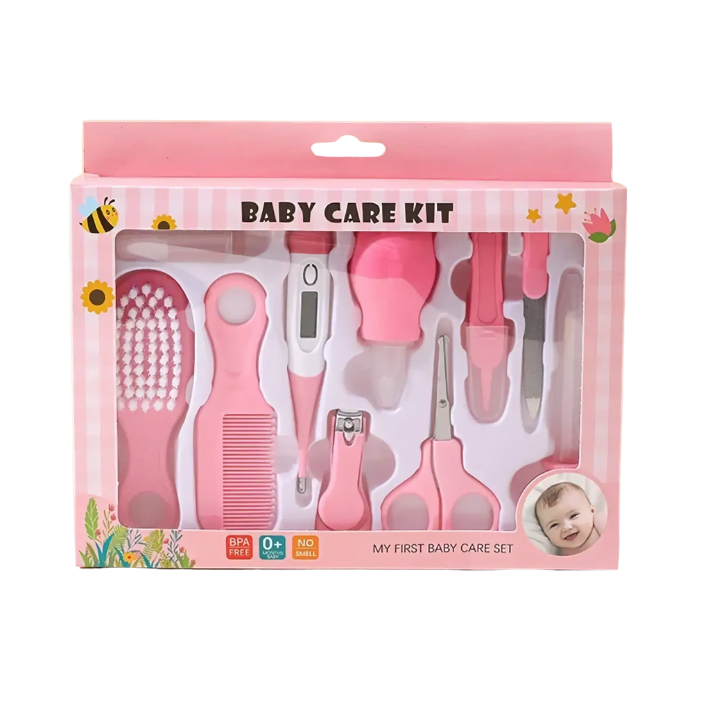 Pink baby grooming kit 10-in-1 set with soft silicone and plastic tools for newborn hygiene and care