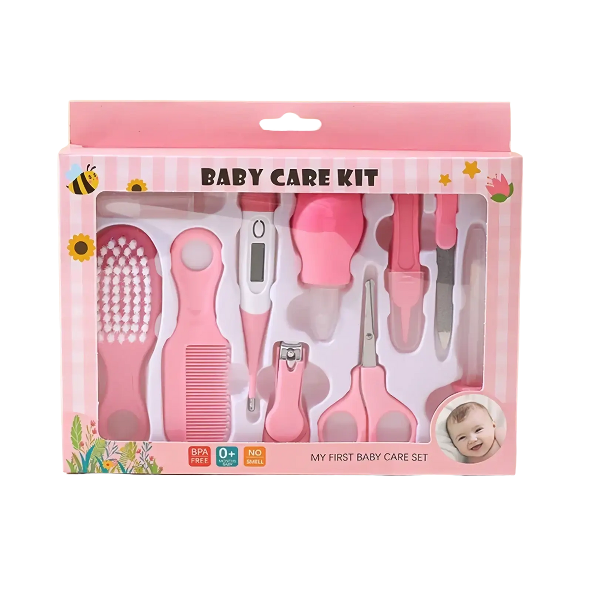 Pink baby grooming kit 10-in-1 set with soft silicone and plastic tools for newborn hygiene and care
