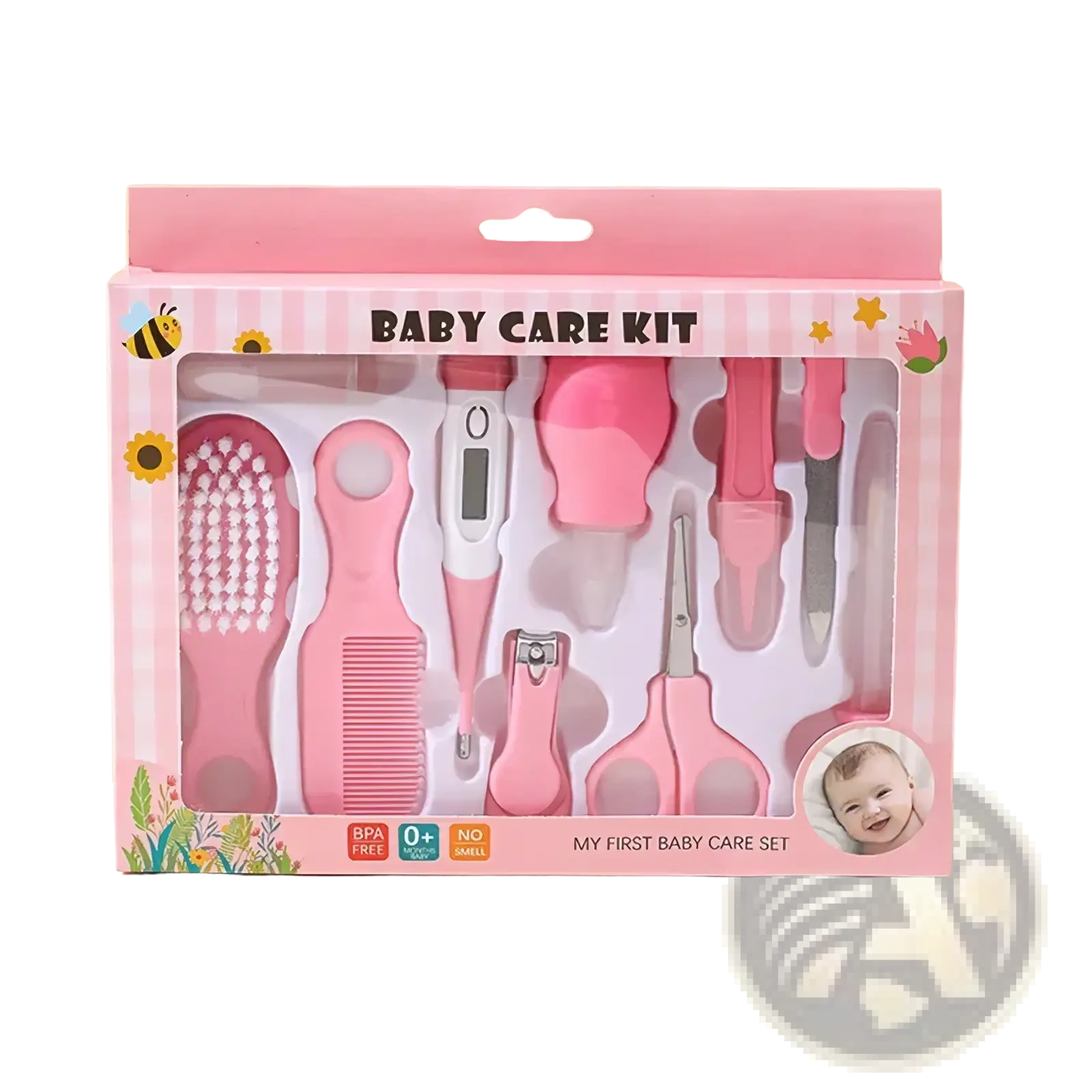 Pink baby grooming kit 10-in-1 with soft silicone and metal tools in pastel pink box for newborn healthcare