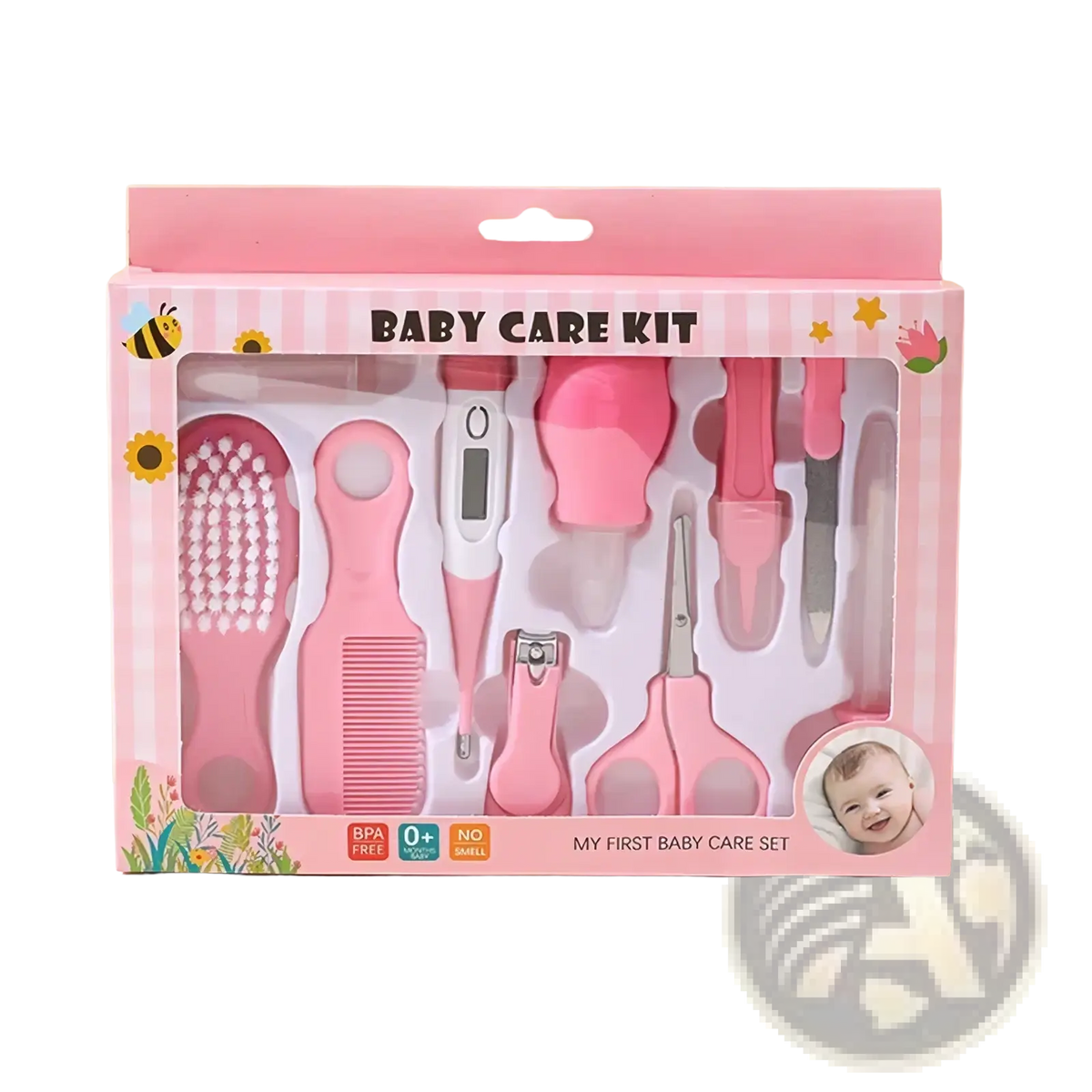 Pink baby grooming kit 10-in-1 set with soft silicone and plastic tools for newborn hygiene and care