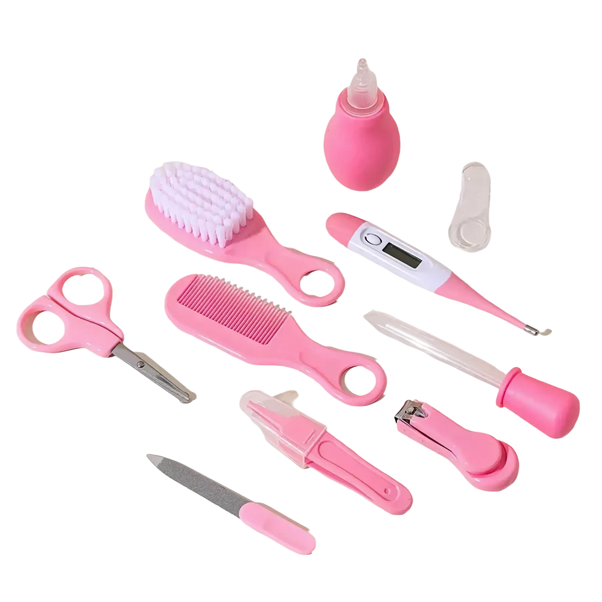 Pink plastic baby grooming kit 10-in-1 with scissors comb brush thermometer and nail clipper for newborn healthcare