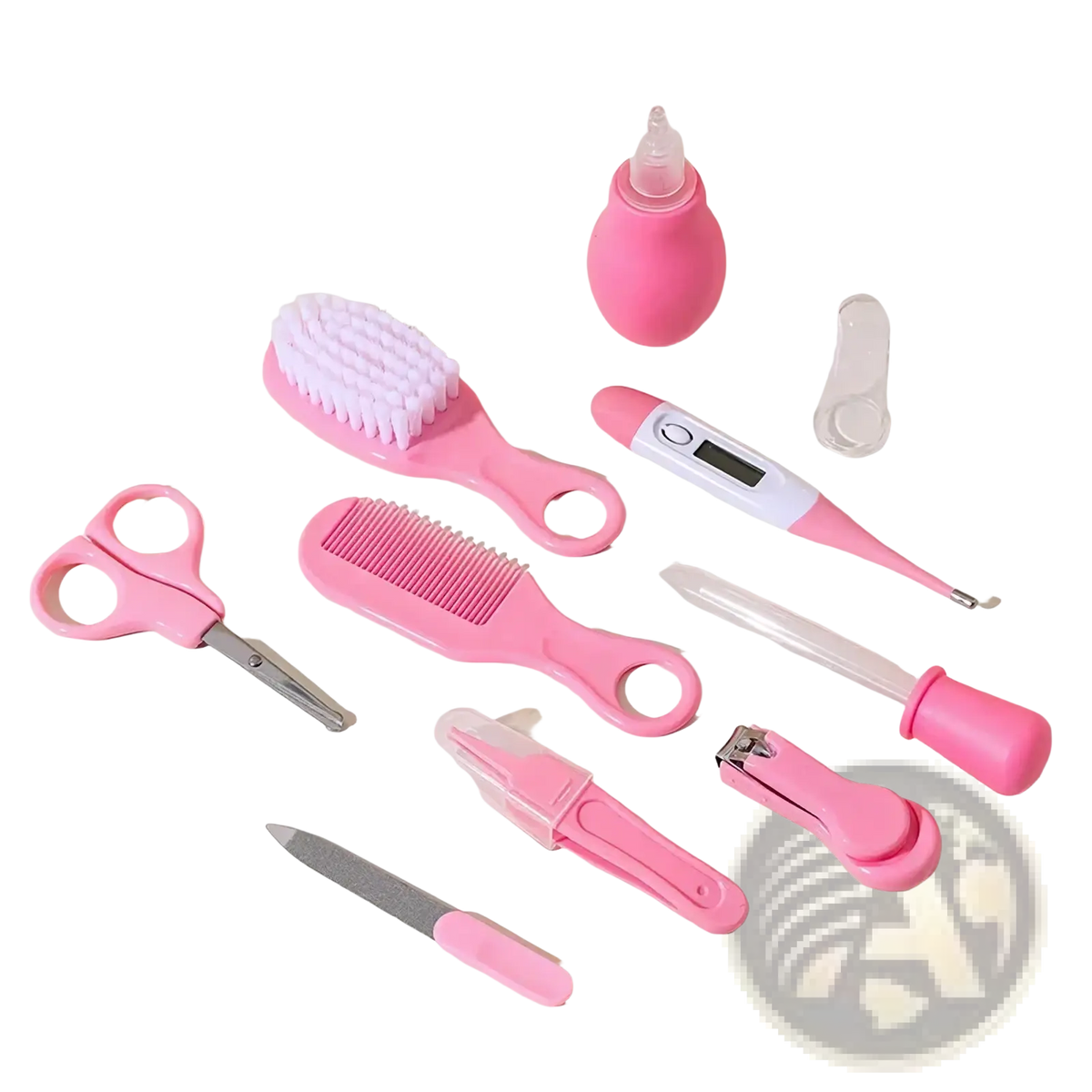 Pink plastic baby grooming kit 10-in-1 with scissors comb brush thermometer and nail clipper for newborn healthcare