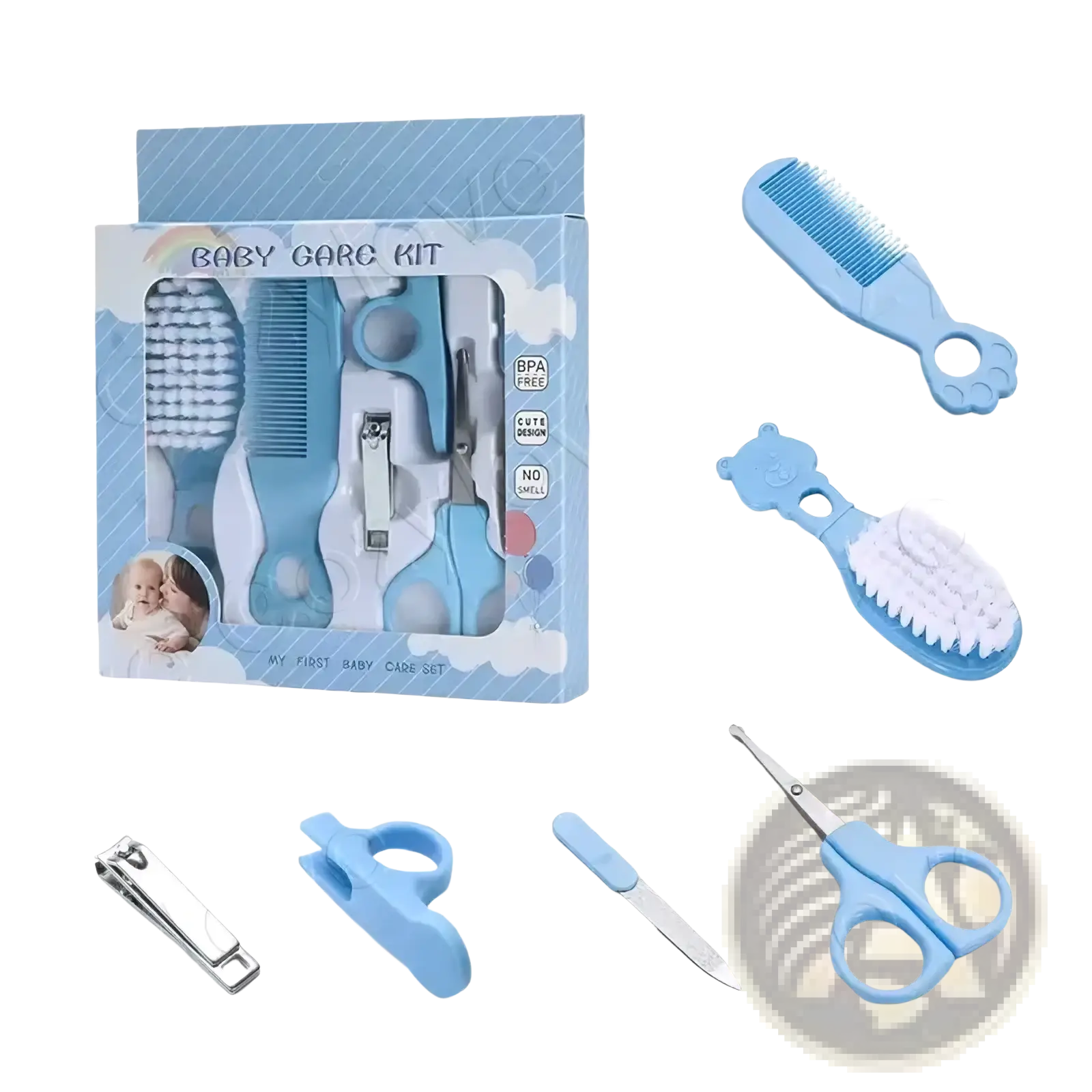 Light blue bpa free plastic baby grooming kit with soft bristles and rounded handles including comb brush nail clipper scissors and finger trimmer