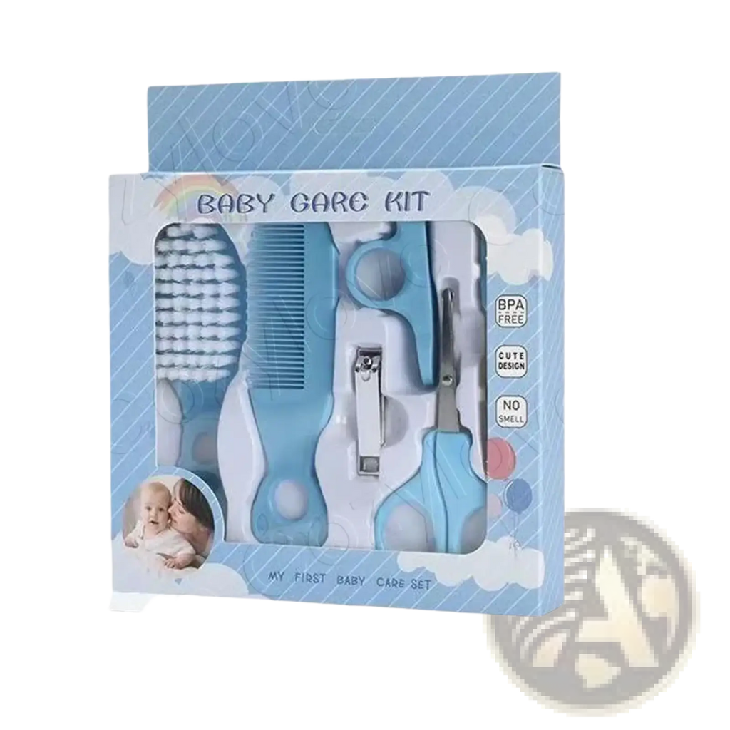 Blue and white baby grooming kit bpa free care set with brush comb nail clipper and rounded handle scissors