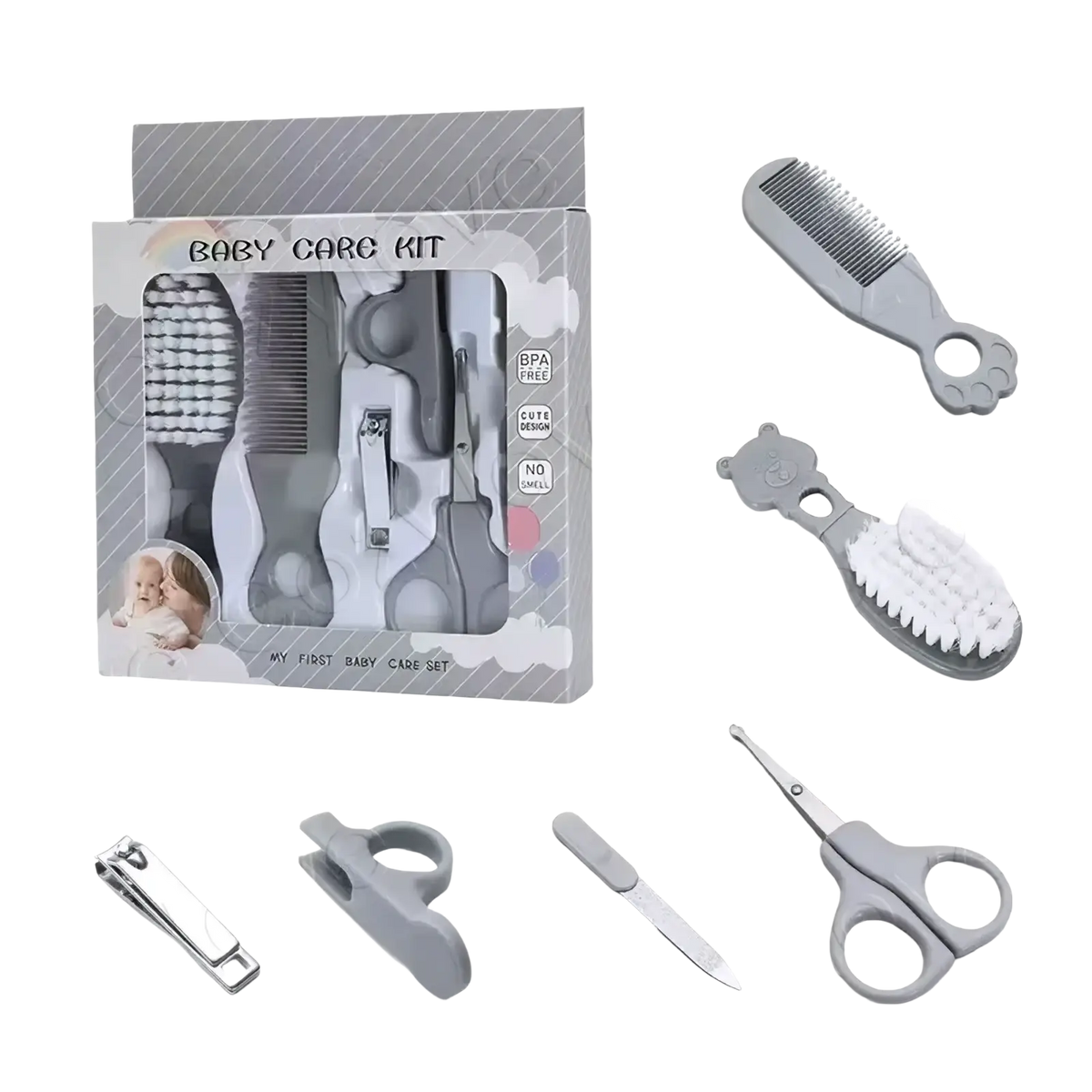 Gray plastic baby grooming kit bpa free care set with soft-bristled brushes paw print comb and safety scissors
