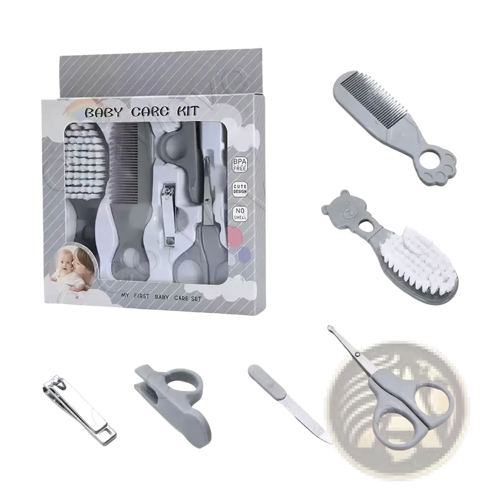 Gray plastic baby grooming kit bpa free care set with soft-bristled brushes paw print comb and safety scissors
