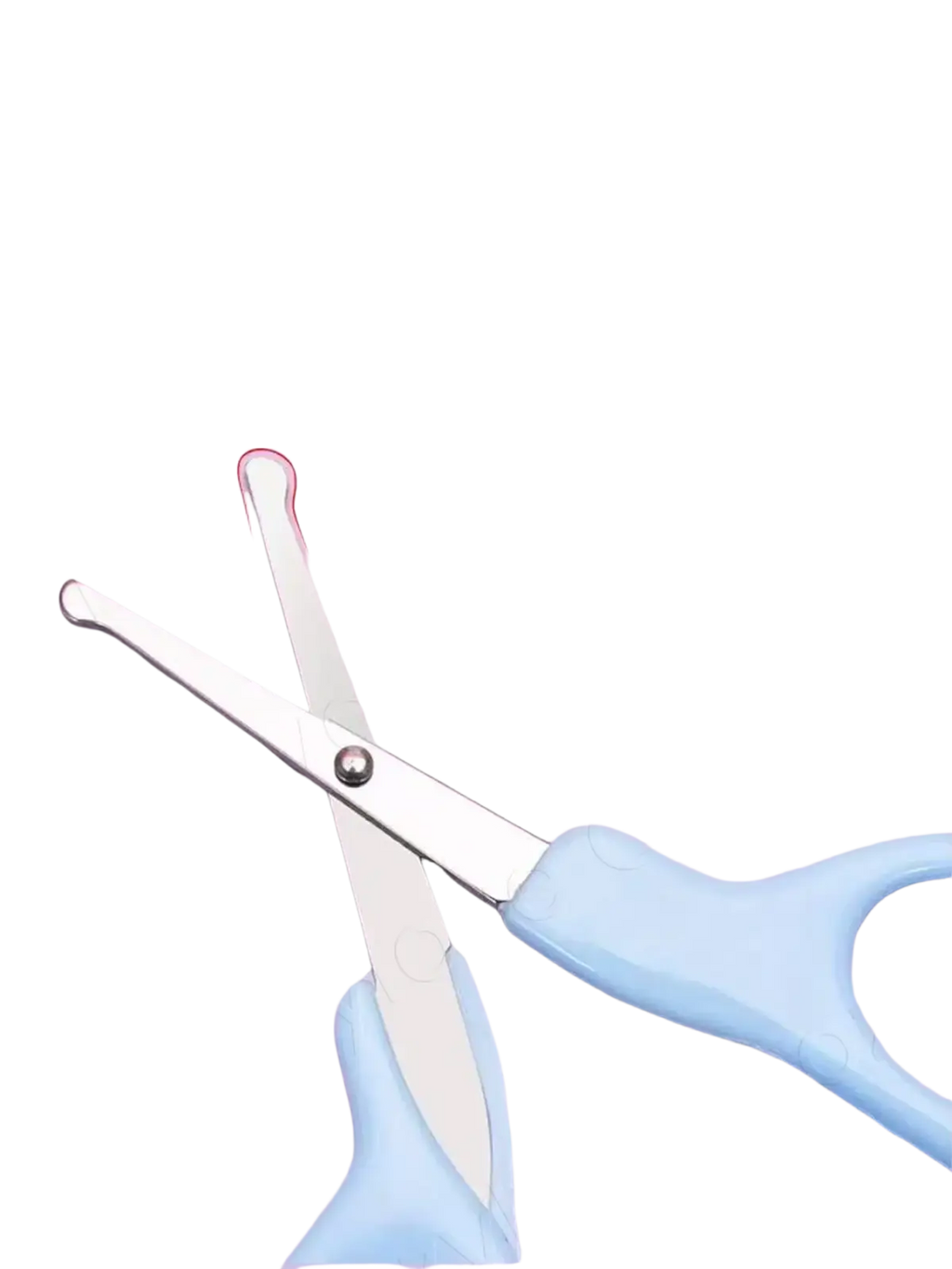 Light blue plastic-handled baby nail scissors with rounded silver metal tips in bpa free baby grooming kit care set