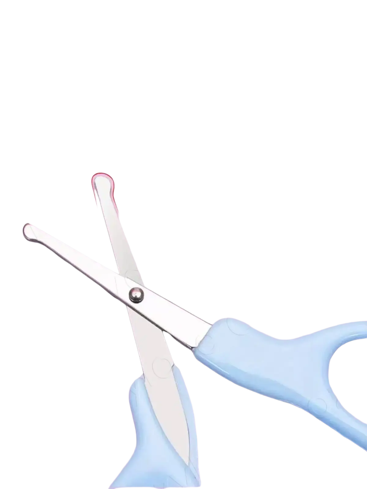 Light blue plastic-handled baby nail scissors with rounded silver metal tips in bpa free baby grooming kit care set