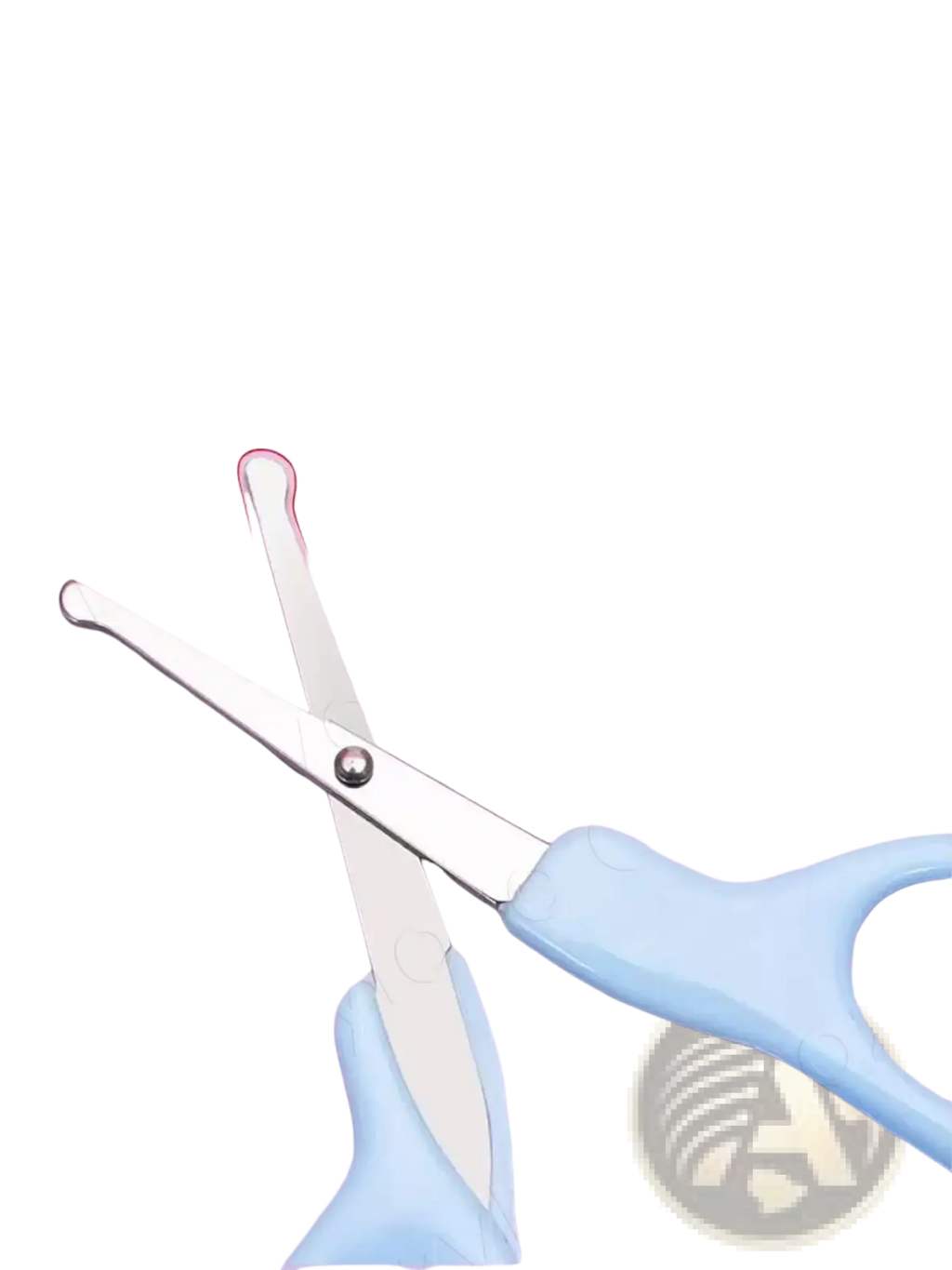 Light blue plastic-handled baby nail scissors with rounded silver metal tips in bpa free baby grooming kit care set