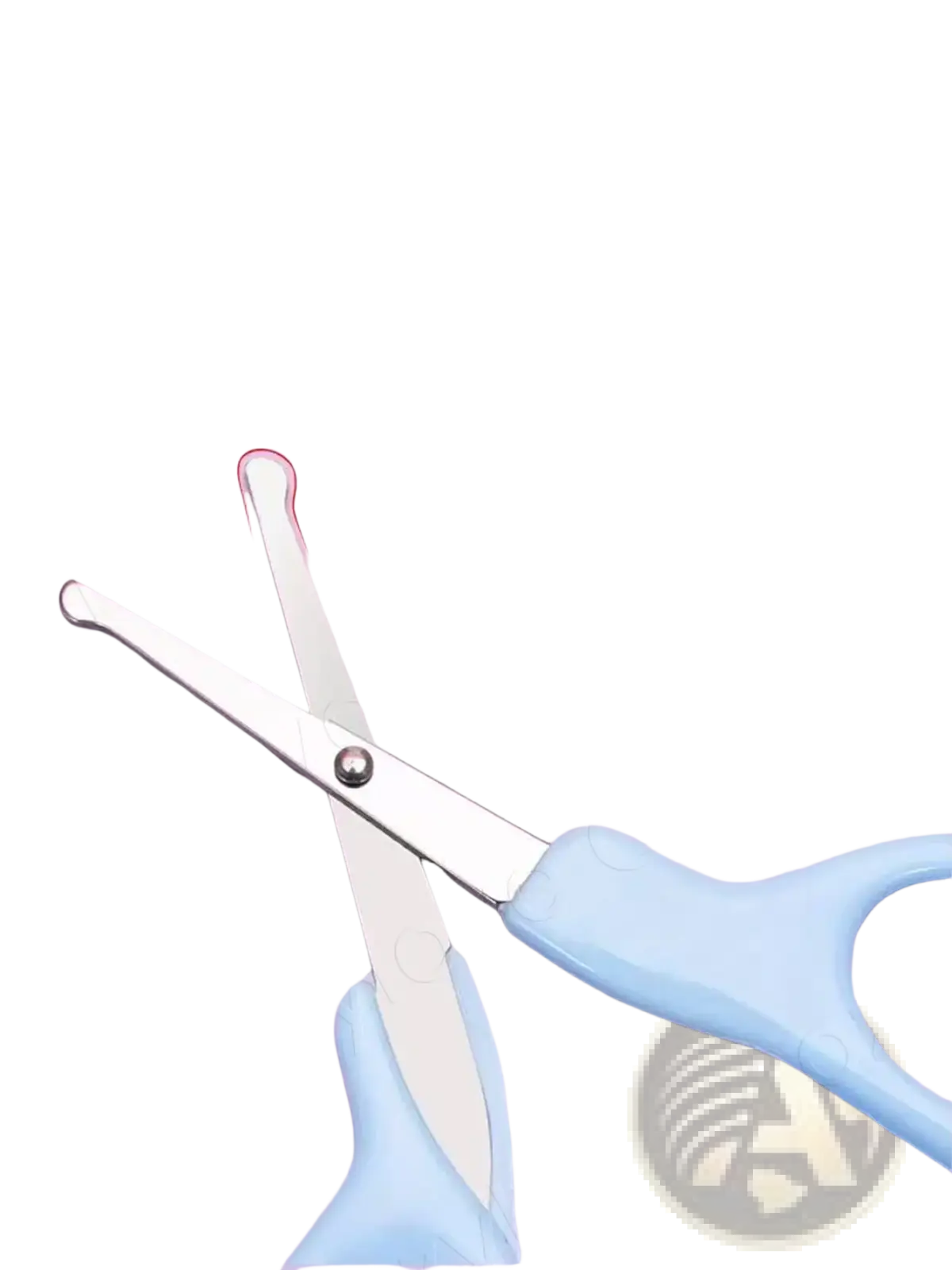 Light blue plastic-handled baby nail scissors with rounded silver metal tips in bpa free baby grooming kit care set