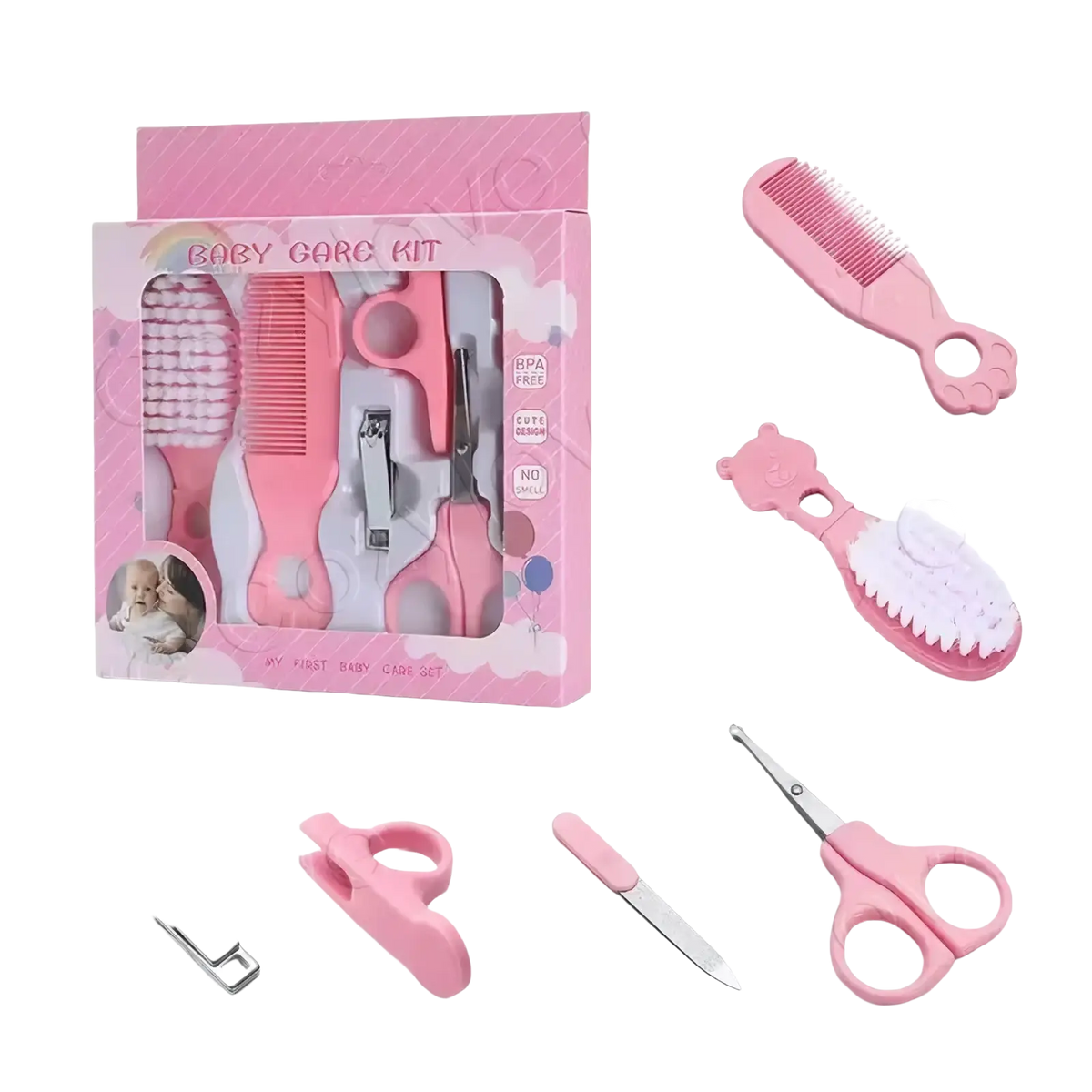 Pink baby grooming kit bpa free care set with soft-bristled brush comb nail clippers and scissors in pastel pink box