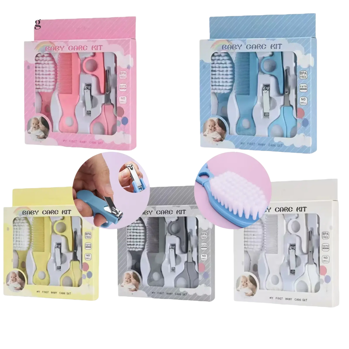 Pink and blue baby grooming kit bpa free care set with soft bristled brushes combs nail clippers and scissors in pastel colors