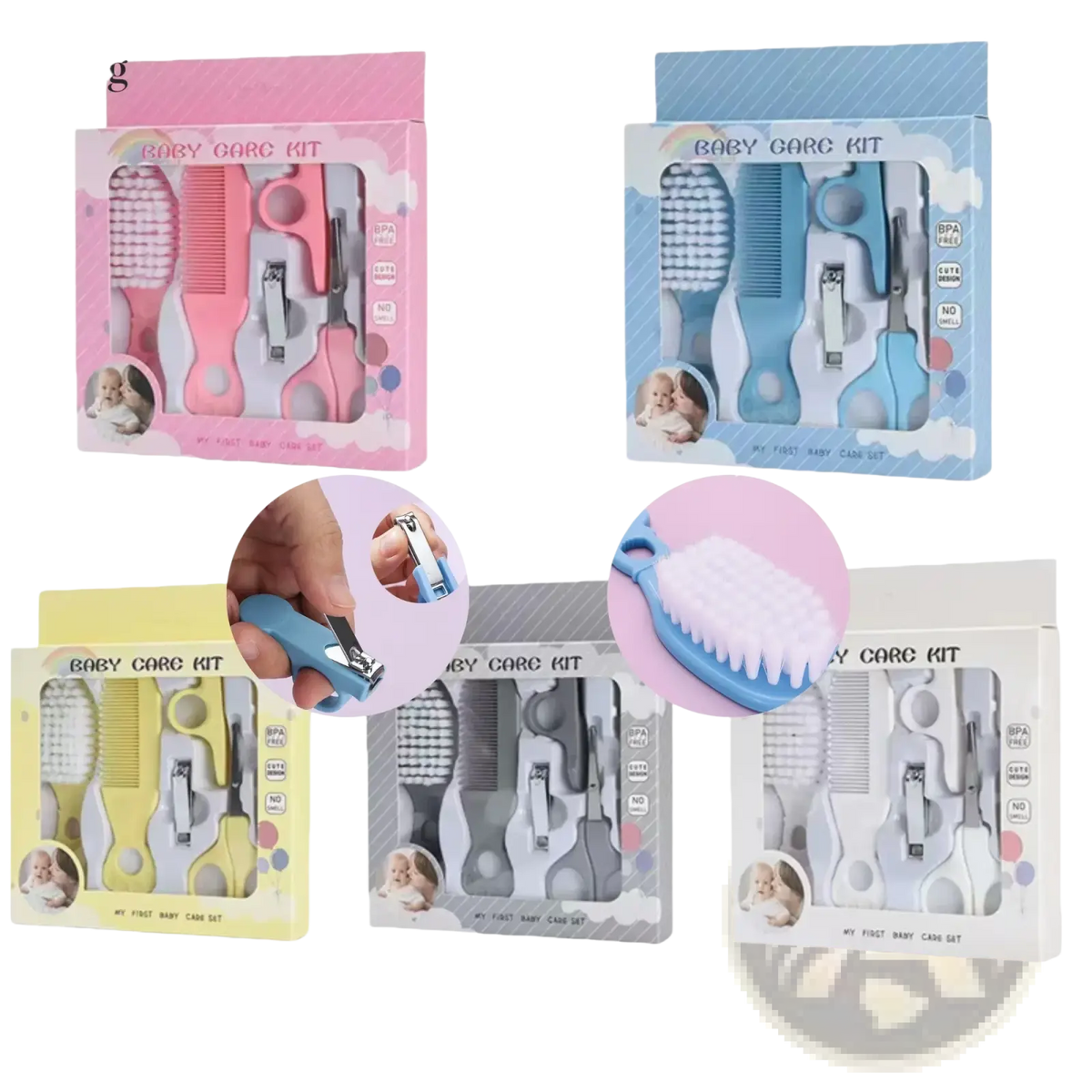 Pink and blue baby grooming kit bpa free care set with soft bristled brushes combs nail clippers and scissors in pastel colors