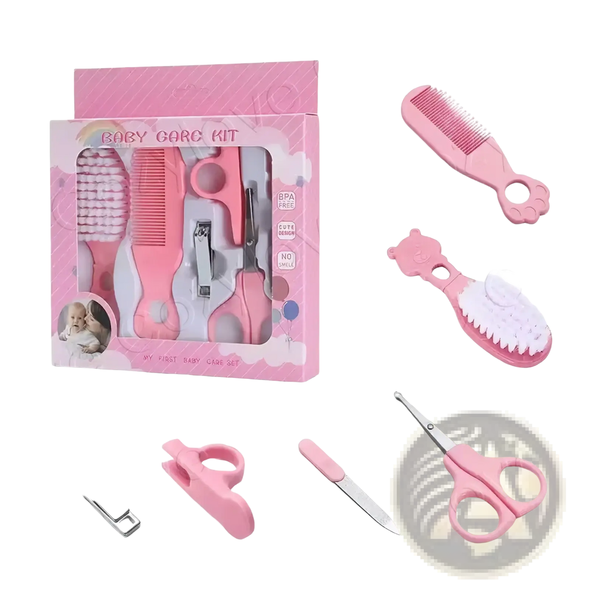 Pink baby grooming kit bpa free care set with soft-bristled brush comb nail clippers and scissors in pastel pink box