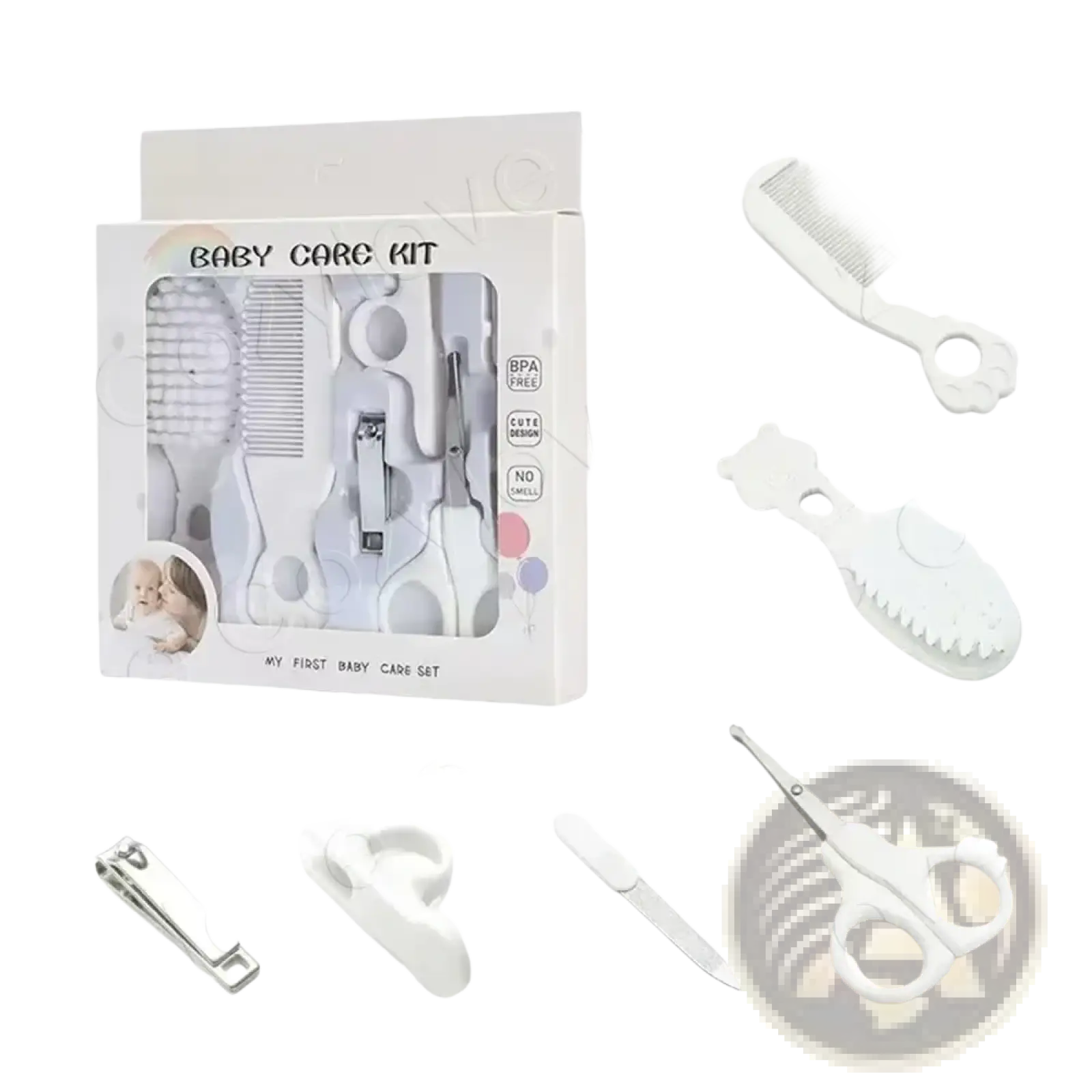 White plastic baby grooming kit with soft rounded handles BPA free designed for safe infant care and grooming use