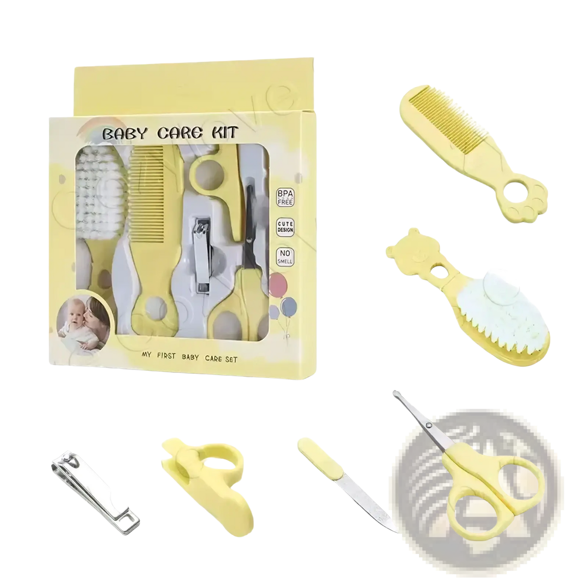 Yellow baby grooming kit bpa free care set with soft-bristled brush comb nail clippers and scissors featuring a cute design