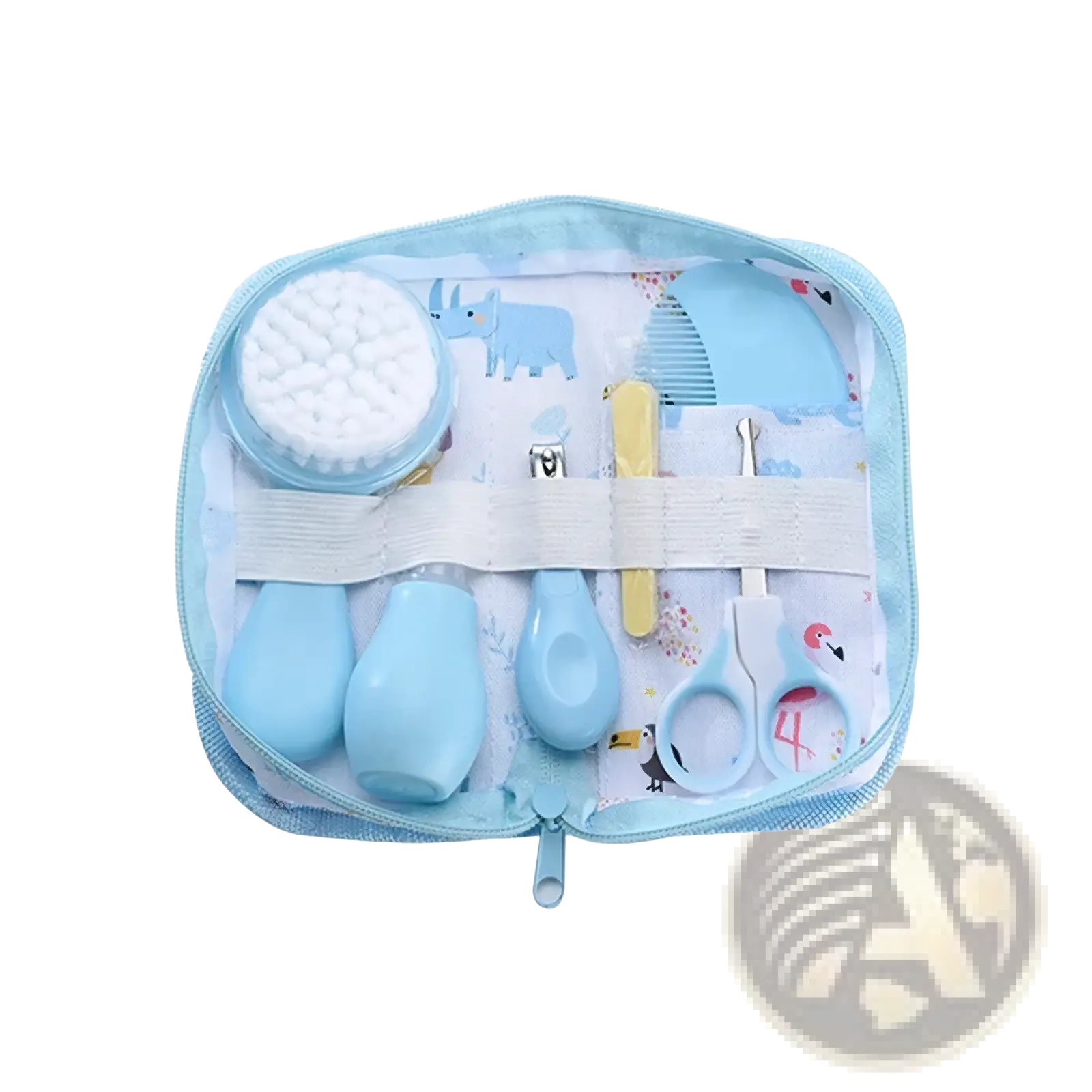 Light blue baby grooming kit with soft silicone tools and matching zippered pouch featuring animal prints