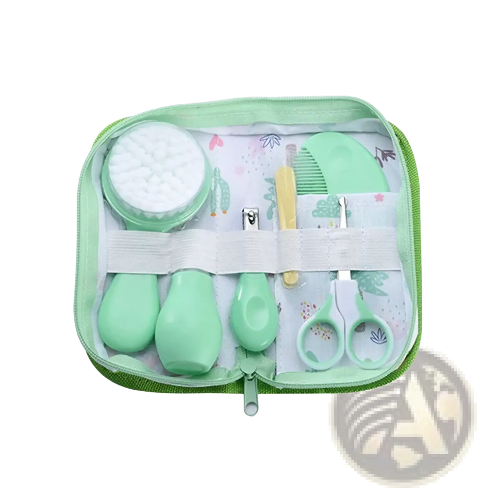 Baby grooming kit and healthcare set in mint green with soft silicone handles and floral-patterned interior lining