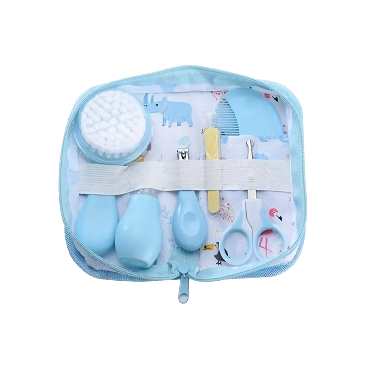 Light blue baby grooming kit with soft silicone tools and matching zippered pouch featuring animal prints