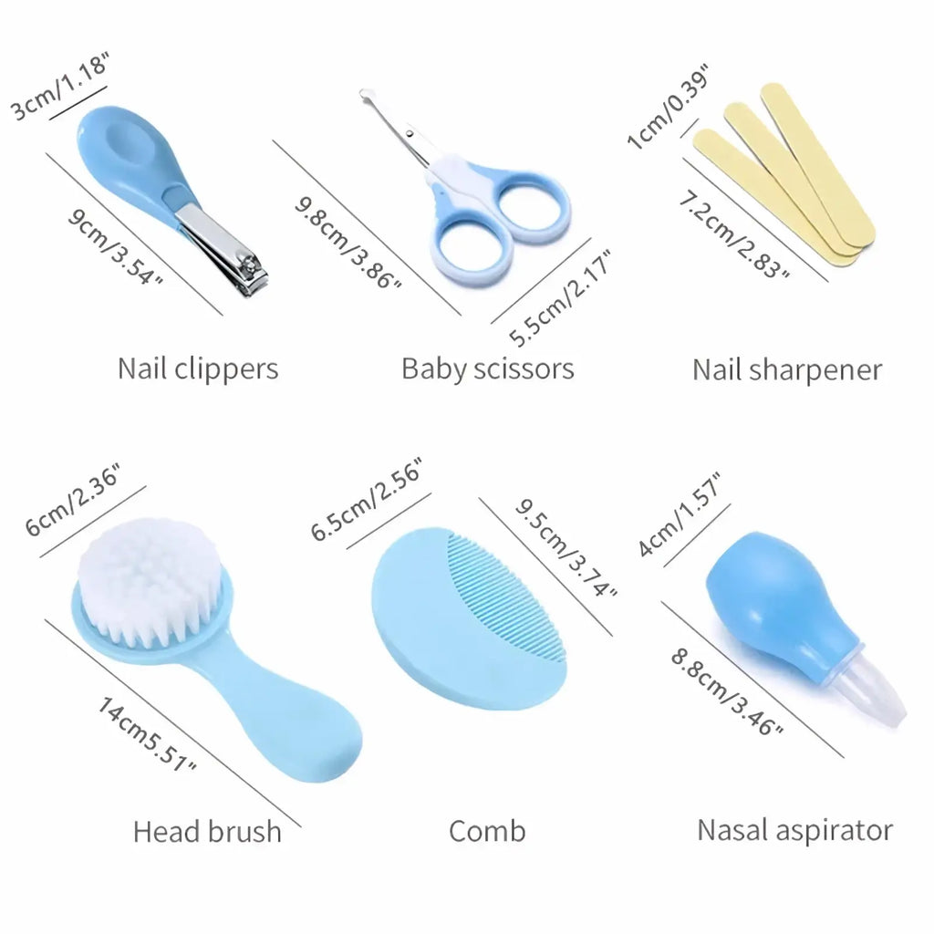 Light blue plastic baby grooming kit with nail clippers scissors comb brush and nasal aspirator for healthcare use
