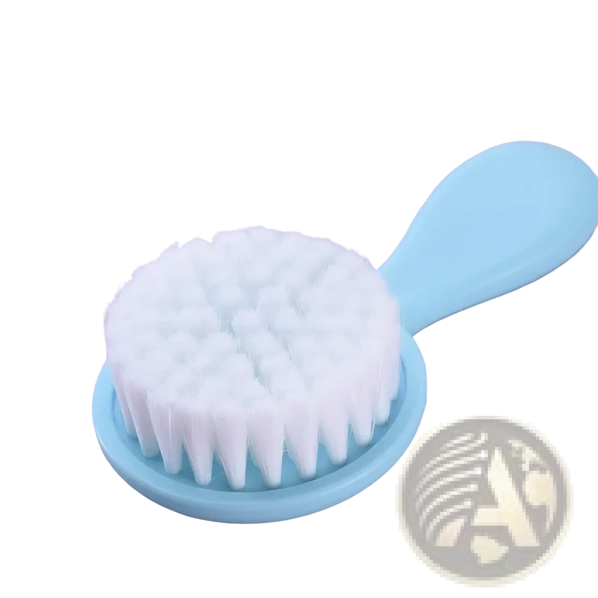 Light blue plastic facial brush with dense white bristles in a baby grooming kit and healthcare set