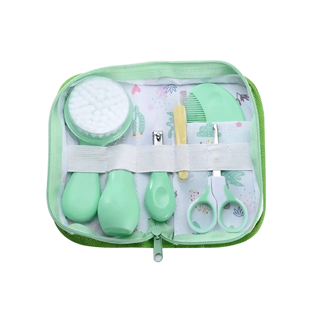 Baby grooming kit and healthcare set in mint green with soft silicone handles and floral-patterned interior lining