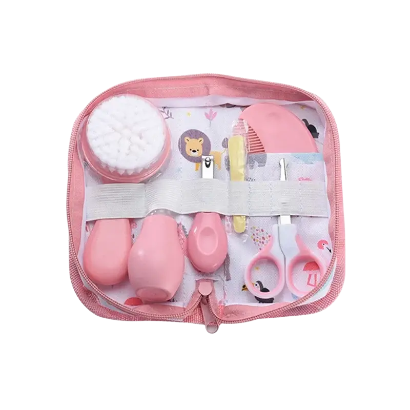Pink baby grooming kit with soft silicone handles and cute animal-themed design for baby care and healthcare