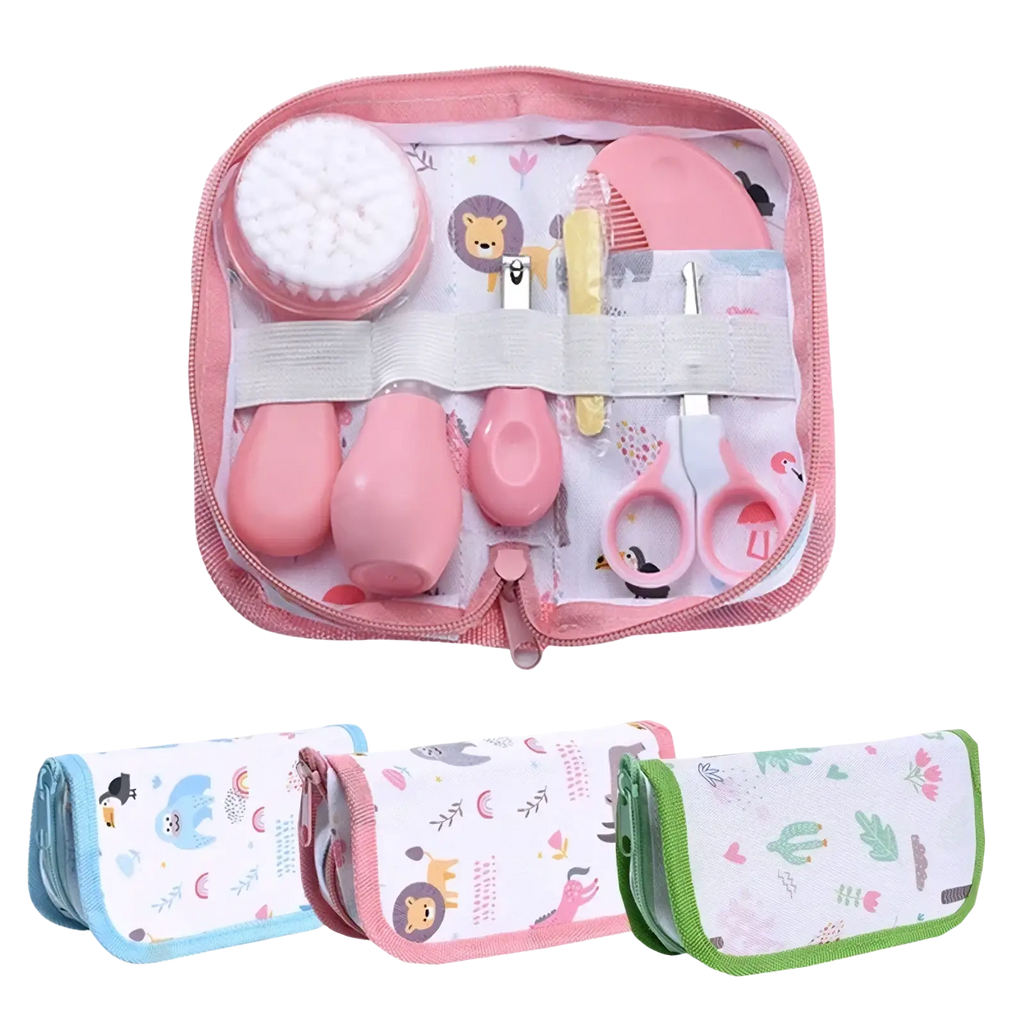 Pink baby grooming kit with soft silicone and plastic tools in a matching zippered pouch with animal prints