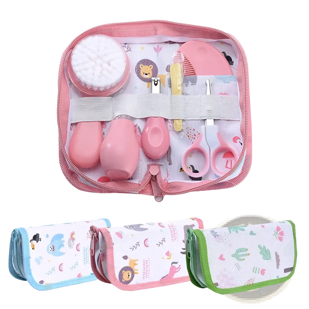 Pink baby grooming kit with soft silicone and plastic tools in a matching zippered pouch with animal prints