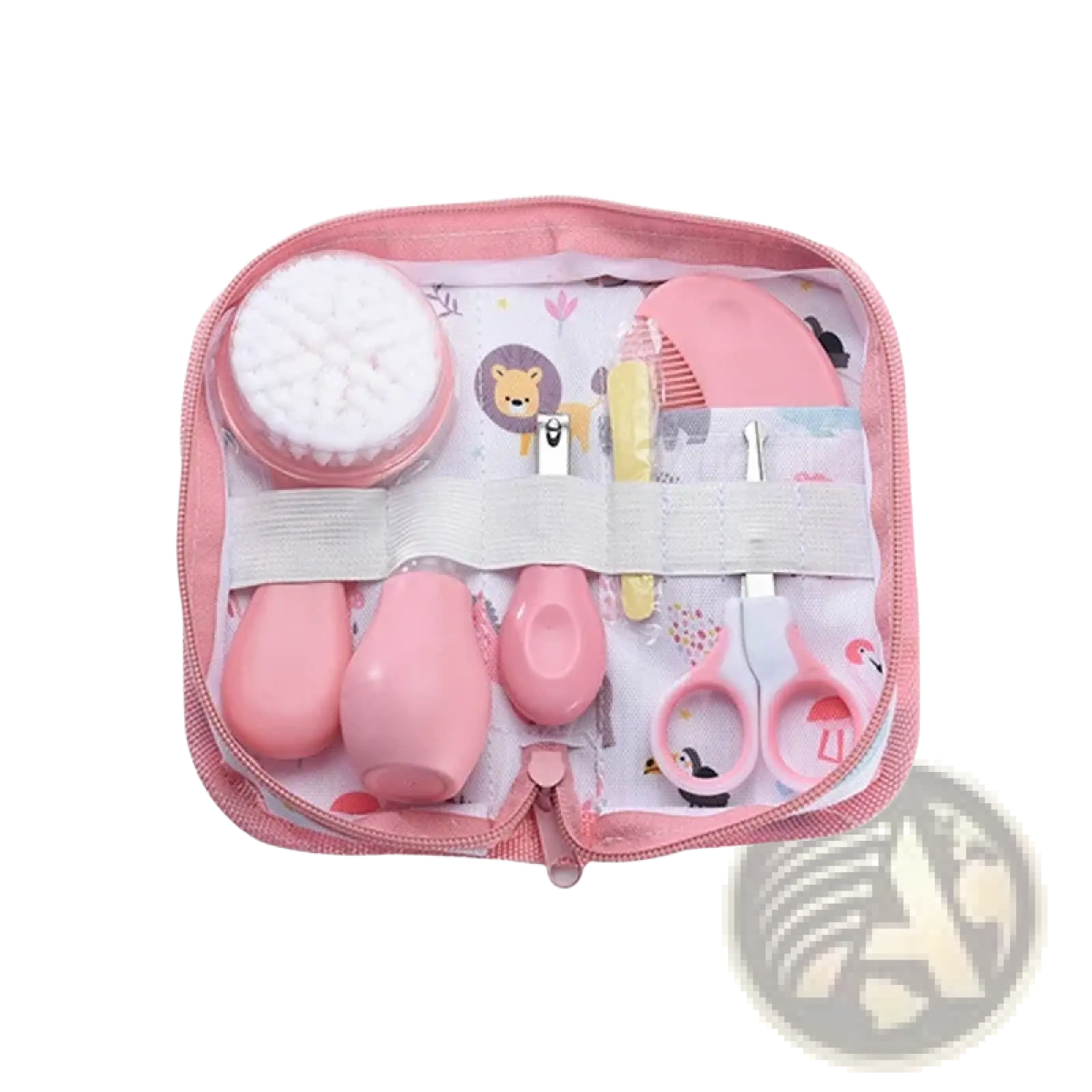 Pink baby grooming kit with soft silicone handles and cute animal-themed design for baby care and healthcare