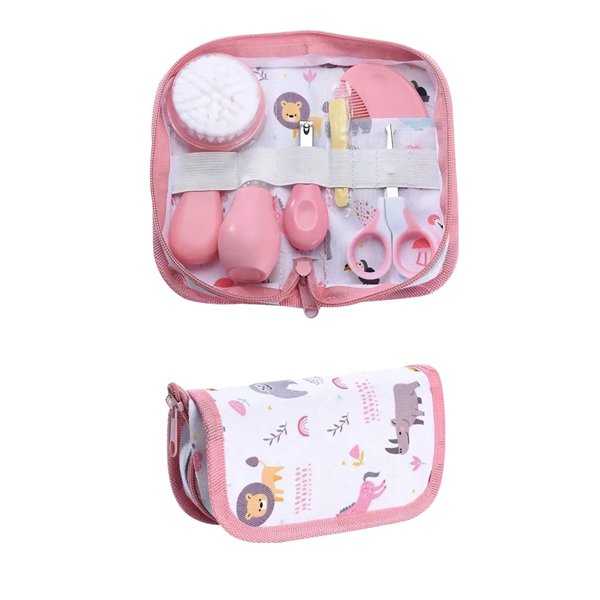 Baby grooming kit and healthcare set with soft silicone and plastic pink tools in a zippered pouch with animal prints