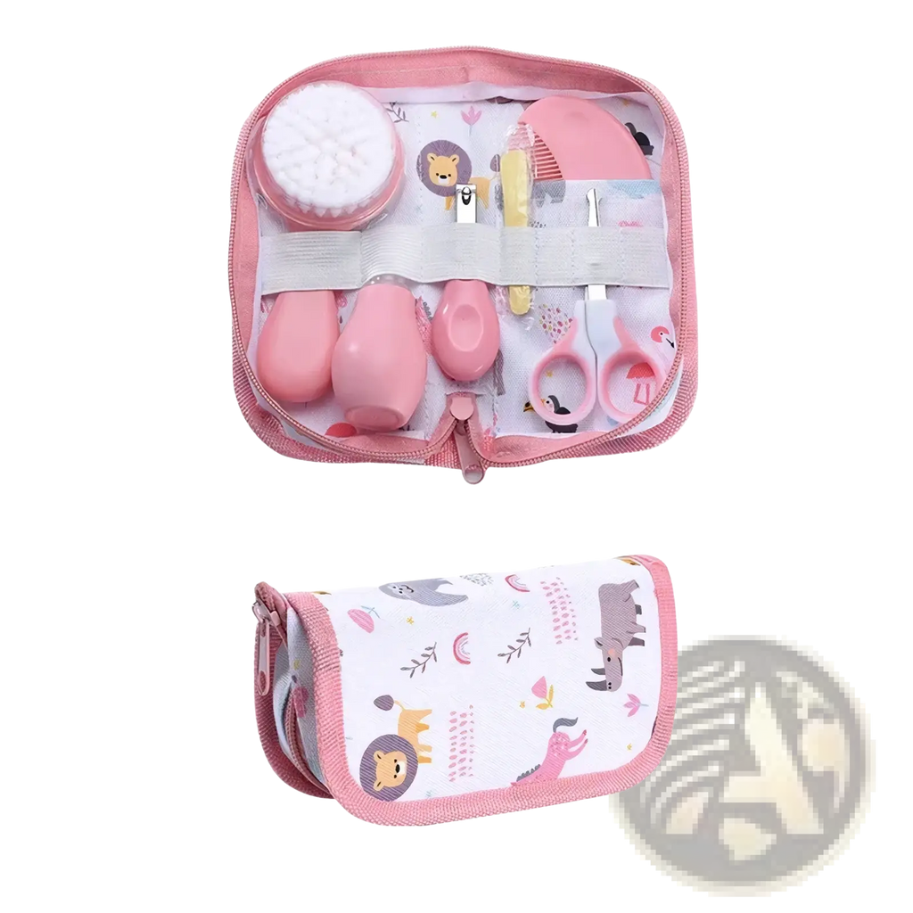 Baby grooming kit and healthcare set with soft silicone and plastic pink tools in a zippered pouch with animal prints