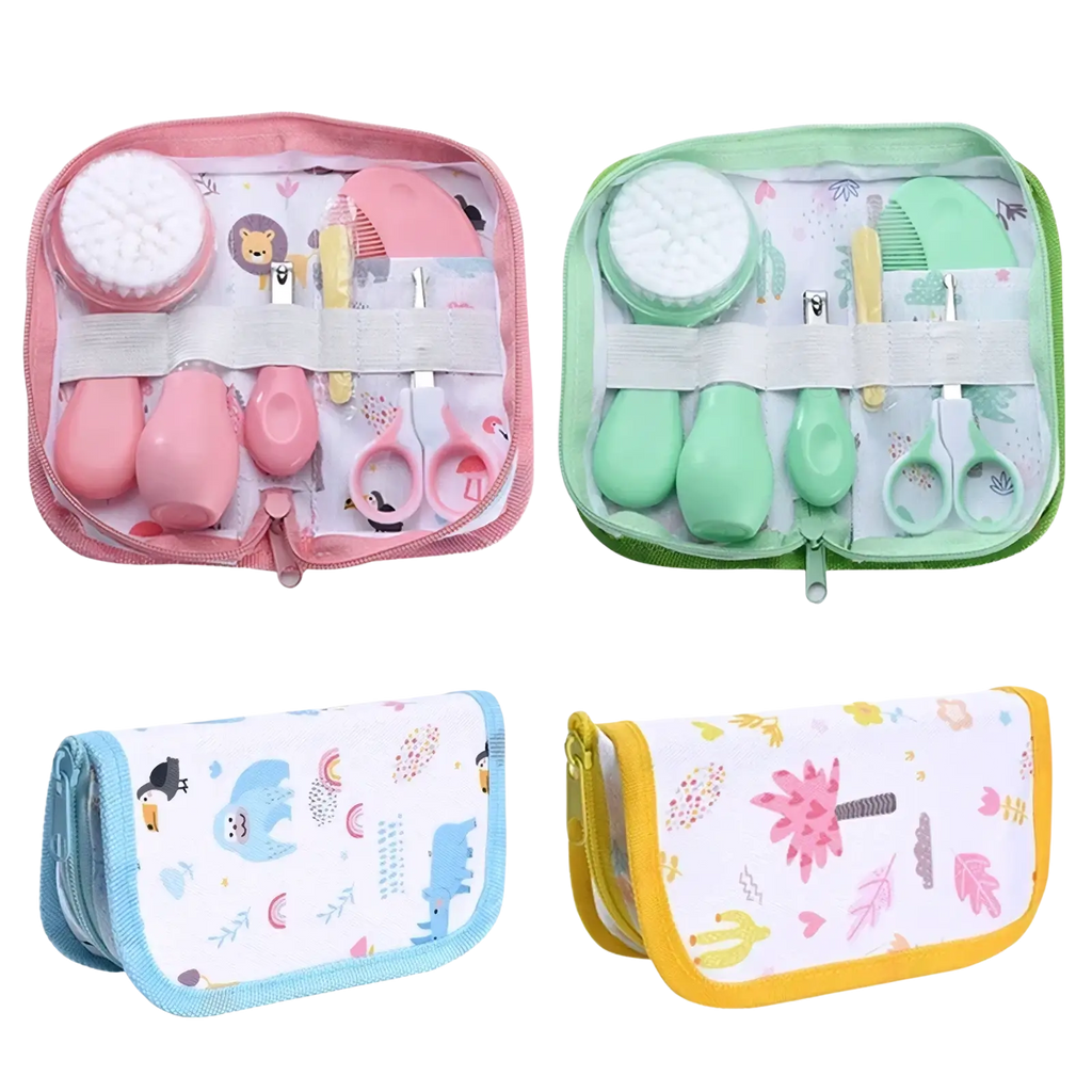 Baby grooming kit and healthcare set with pink and green soft silicone tools in matching zippered pouches with animal prints