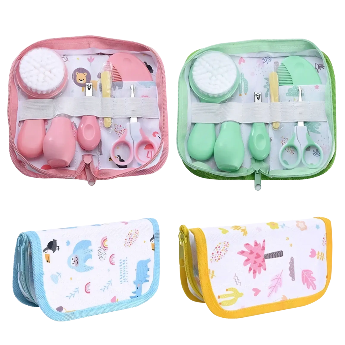 Baby grooming kit and healthcare set with pink and green soft silicone tools in matching zippered pouches with animal prints