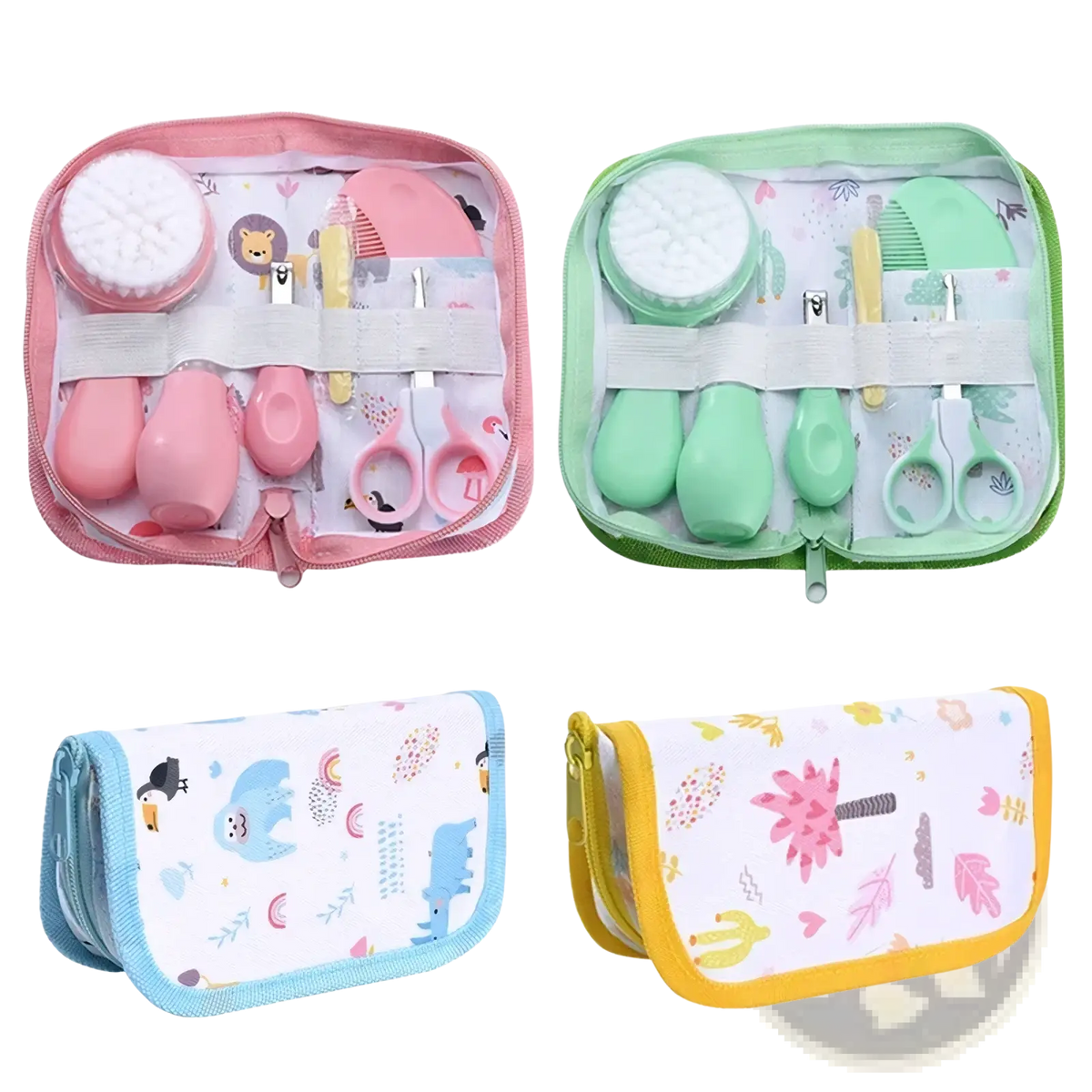 Baby grooming kit and healthcare set with pink and green soft silicone tools in matching zippered pouches with animal prints